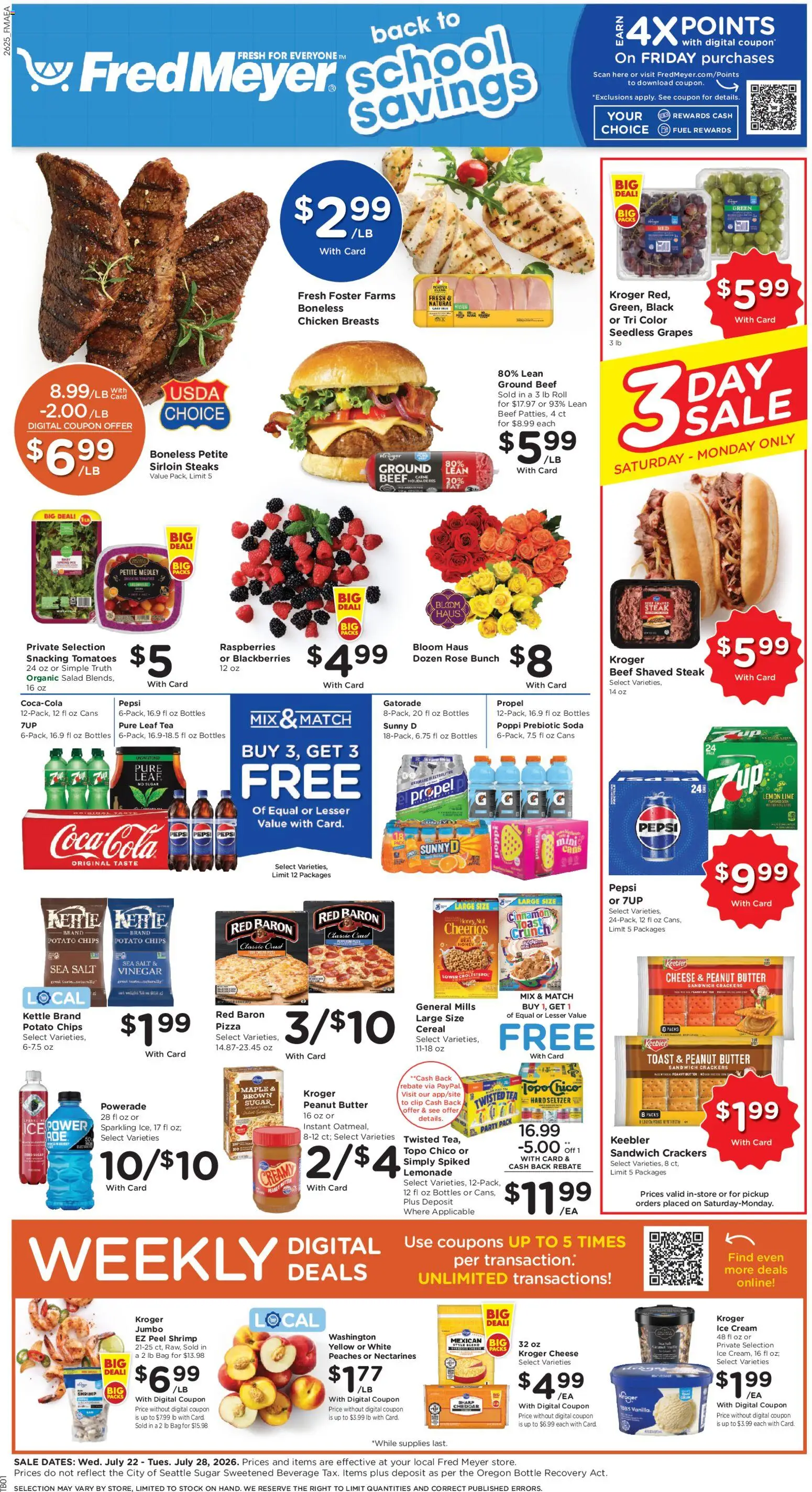 Ad Preview of Fred Meyer Fred Meyer Weekly Ad from 07/22/2026 - Ice cream, Steak, Peaches, Shrimp, Lemonade, Grapes, Crackers, Kettle