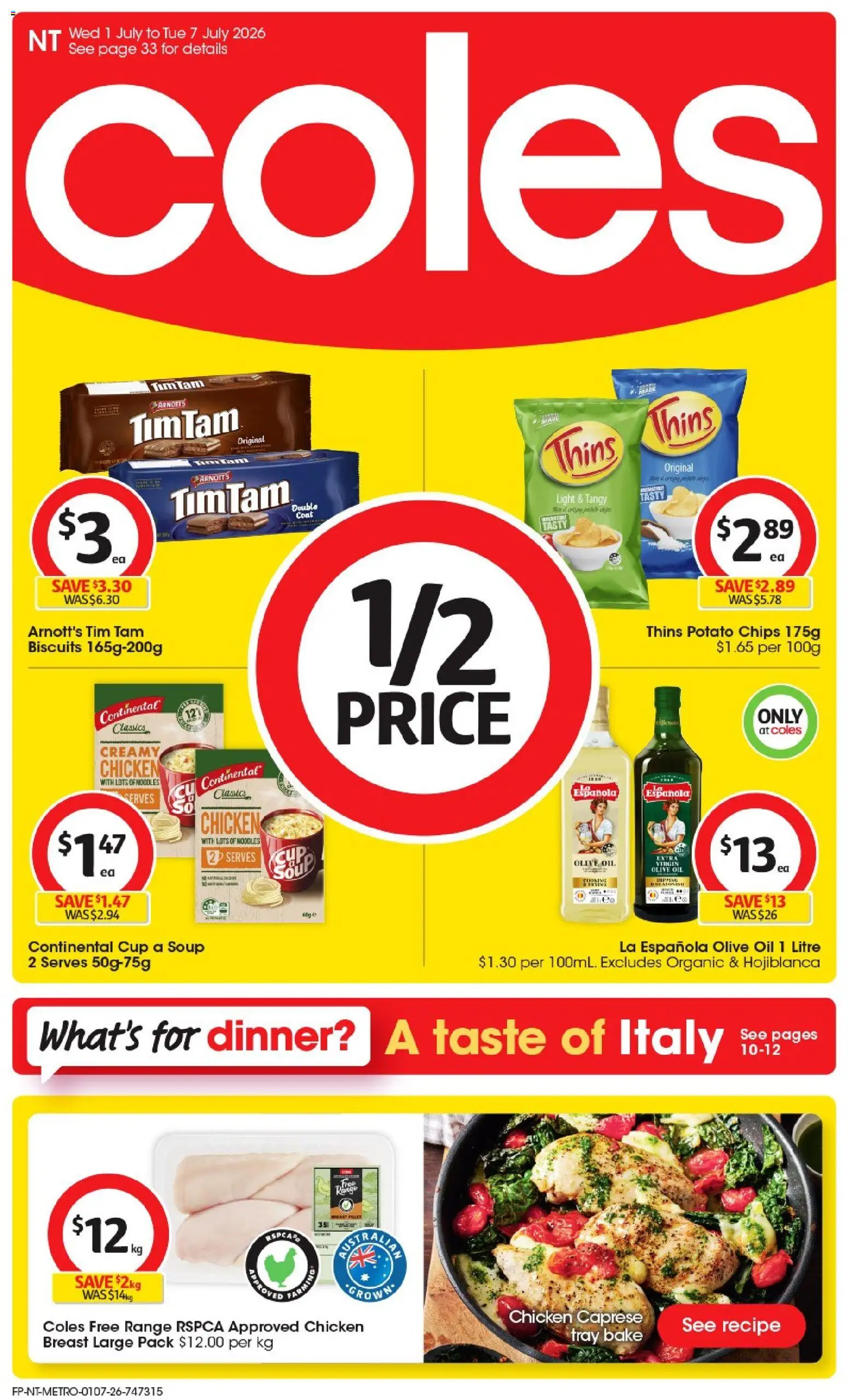 Preview of catalogue Coles catalogue NT from shop Coles valid 01/07/2026 - Light, Chicken, Noodles, Chips, Cream, Biscuits, Coat, Extra virgin olive oil