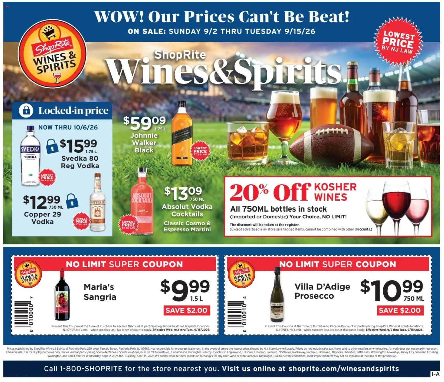 Ad Preview of ShopRite ShopRite Wine & Spirits from 09/02/2026 - Wine, Cocktails, Prosecco, Vodka, Martini, Absolut vodka