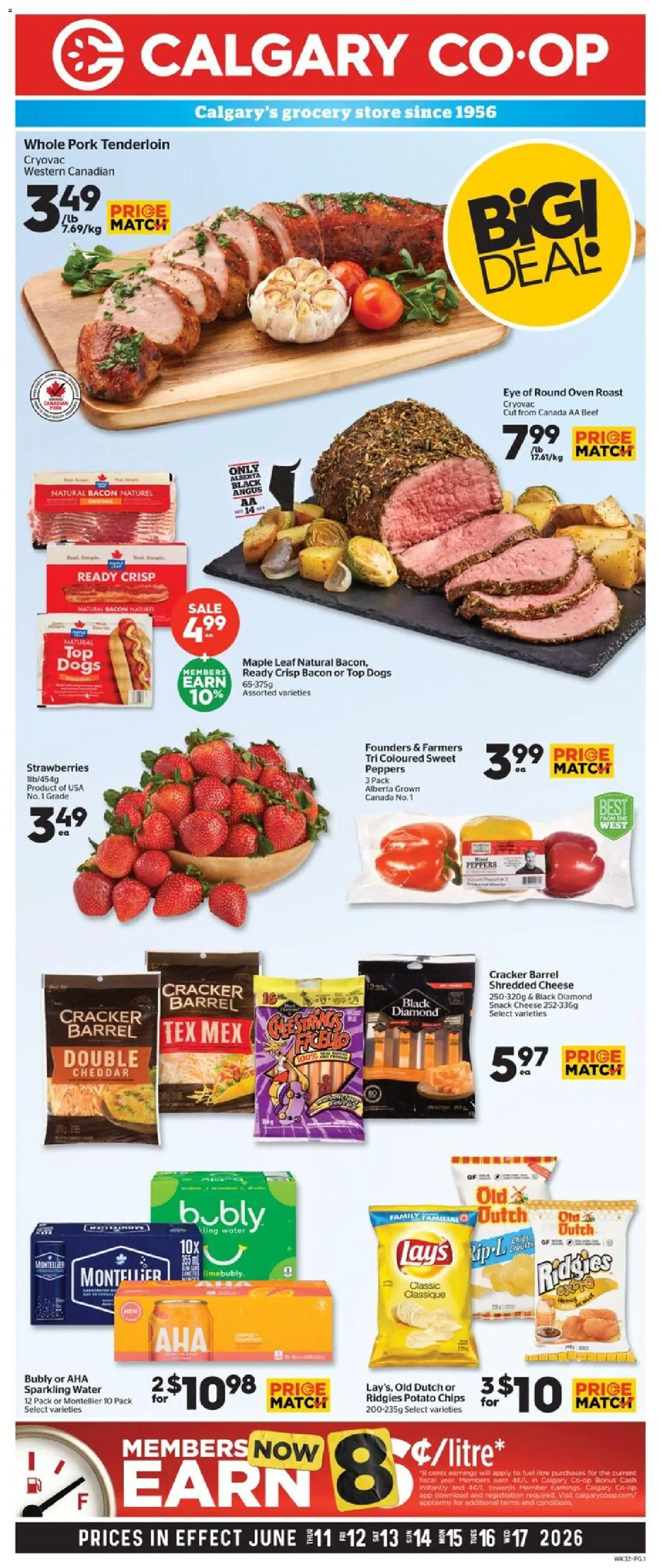 Preview of leaflet Calgary Co-op weekly flyer / circulaire from shop Calgary Co-op is valid from Jun 11, 2026 - Water, Strawberries, Beef, Pork tenderloin, Pork, Oven, Roast, Cheddar