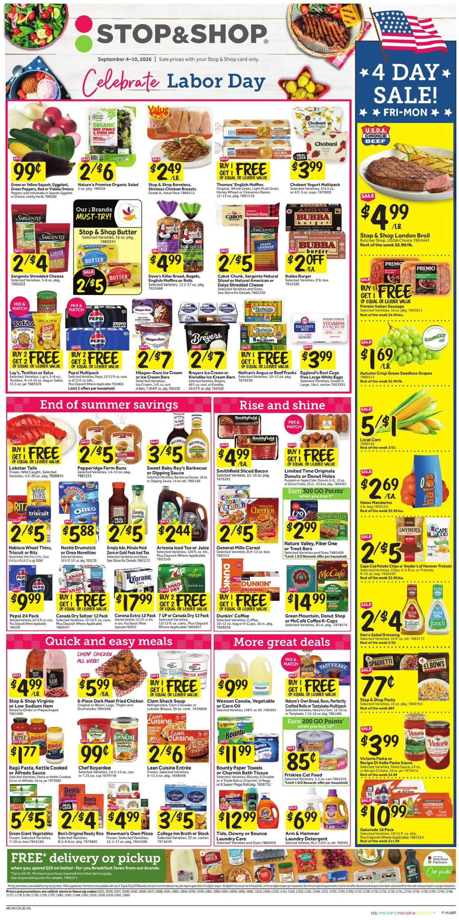 Ad Preview of Stop & Shop Stop & Shop Weekly Ad from 09/04/2026 - Water, Spaghetti, Corn, Potato chips, Paper towels, Drumsticks, Corona Extra, Chicken