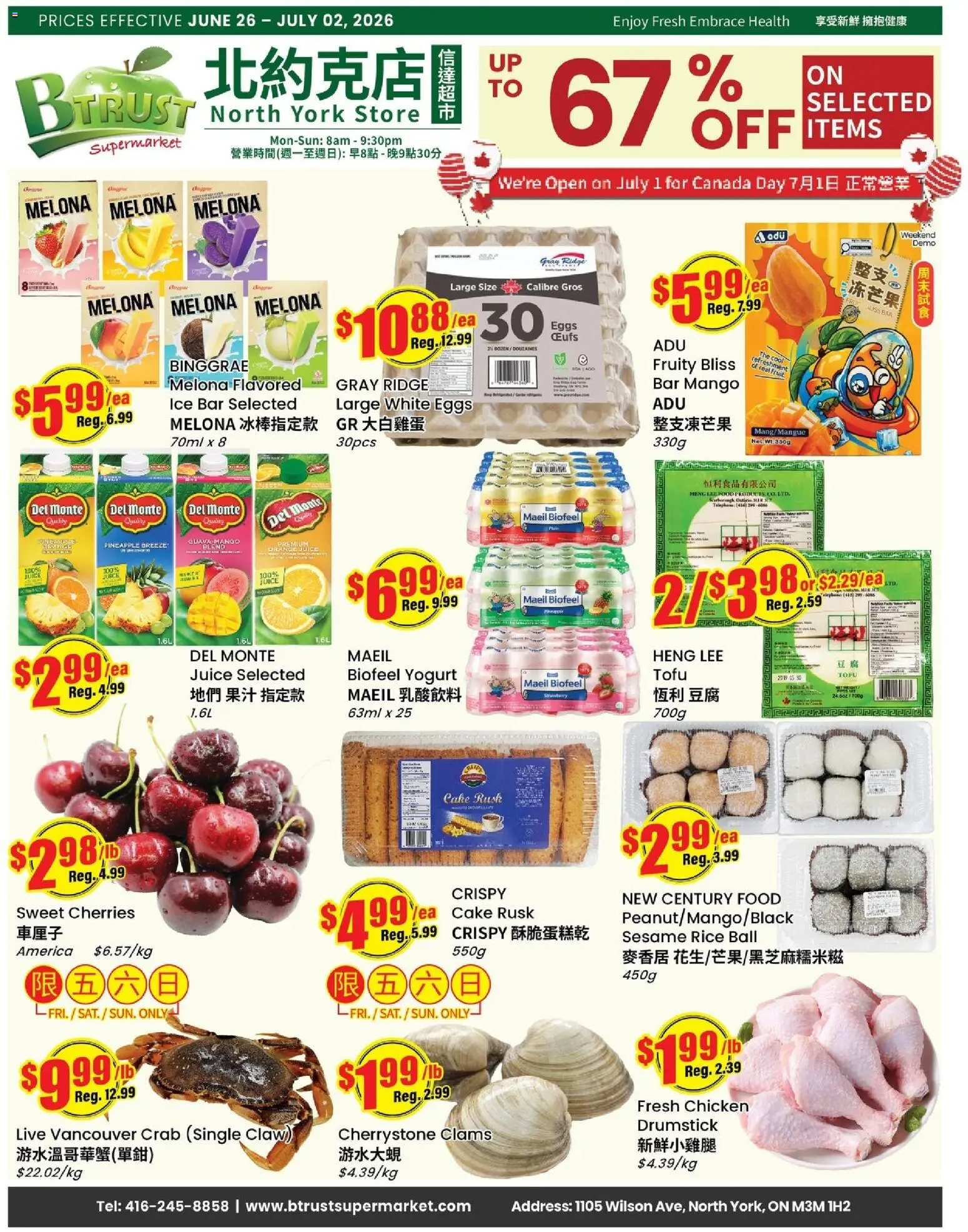 Preview of leaflet Btrust Supermarket weekly flyer - Wilson from shop Btrust Supermarket is valid from Jun 26, 2026 - Food, Mango, Chicken, Fruit, Ice, Yogurt, Pineapple, Rice