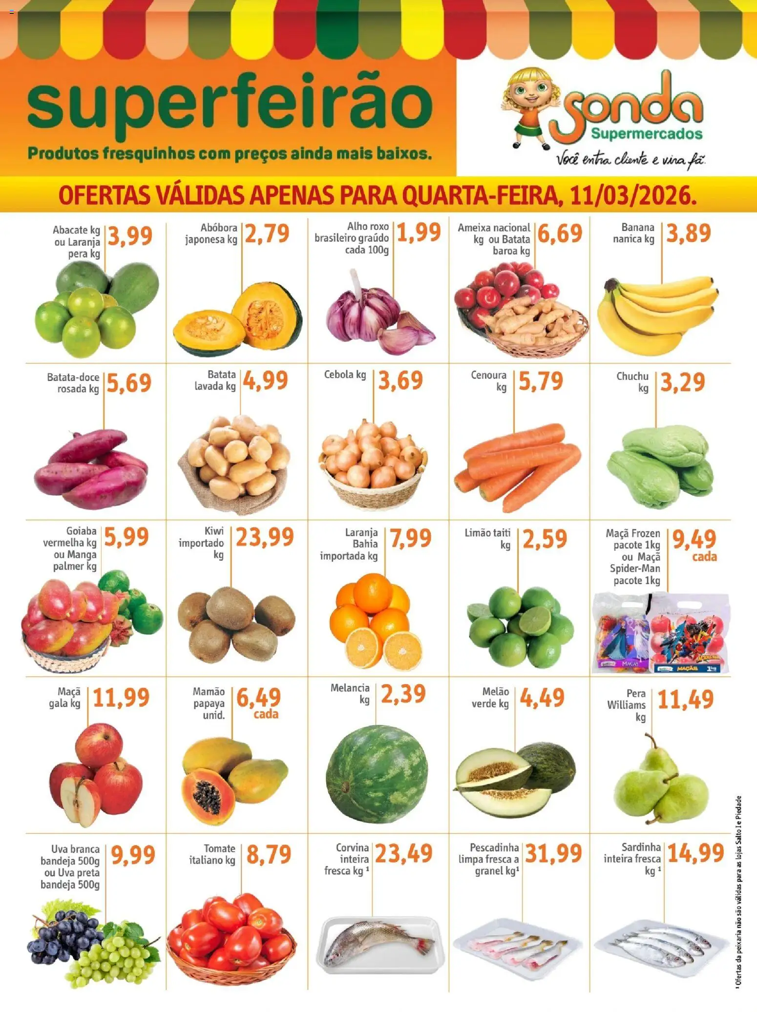 Pré-Visualização do folheto "Sonda ofertas Feirão" da loja Sonda válido a partir de 11/03/2026 - Kiwi, Uva, Chuchu, Batata, Goiaba, Pera, Bandeja, Alho