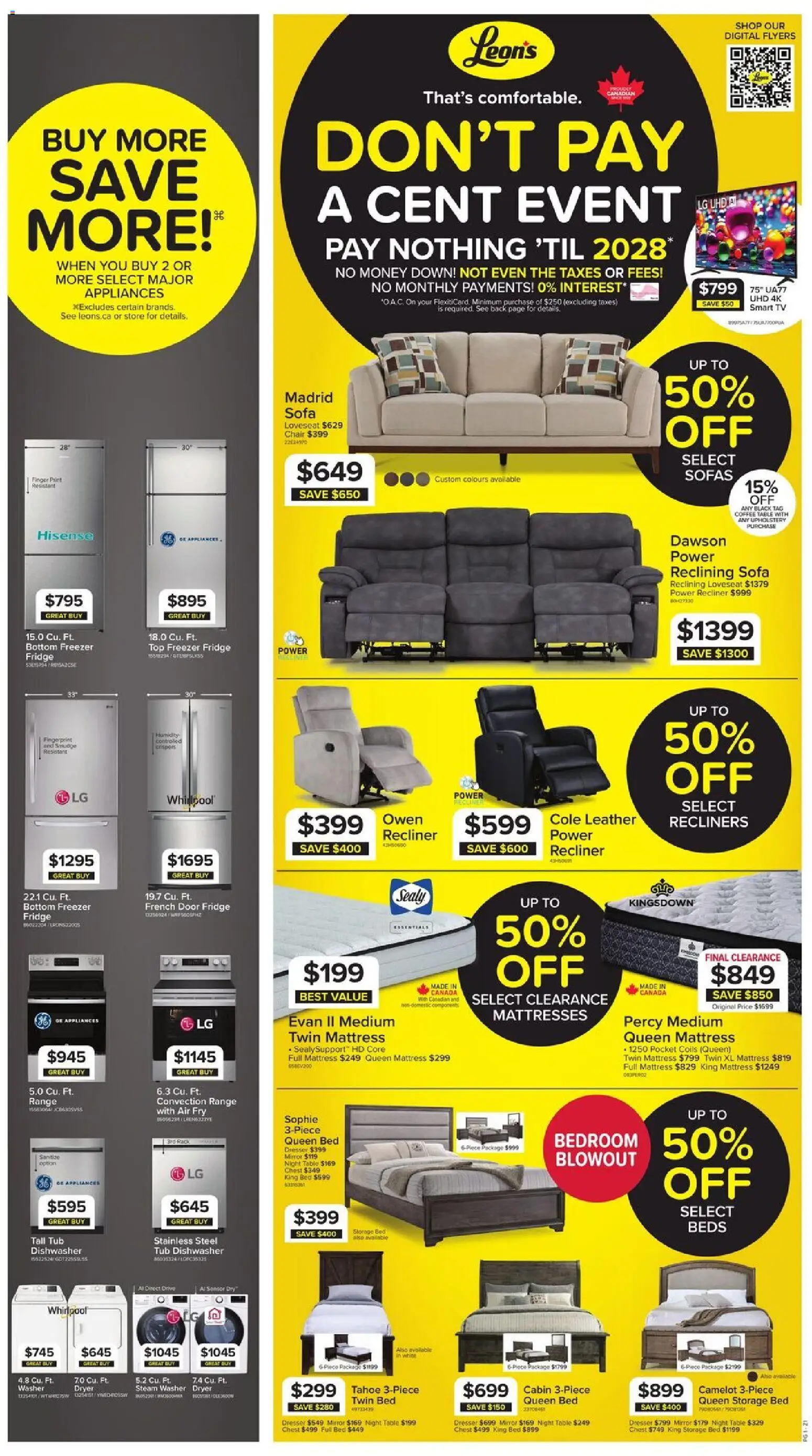 Preview of leaflet Leon's weekly flyer / circulaire from shop Leon's is valid from Apr 16, 2026 - Coffee, Mattress, Sofa, Coffee table, Dishwasher, Freezer, Dryer, Table
