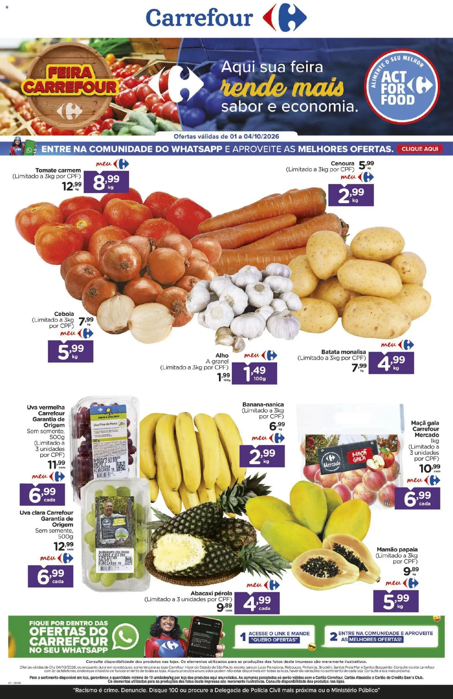Pré-Visualização do folheto "Carrefour ofertas FLV" da loja Carrefour válido a partir de 01/10/2026 - Mesa, Uva, Abacaxi, Batata, Tomate, Cebola, Alho, Mamão
