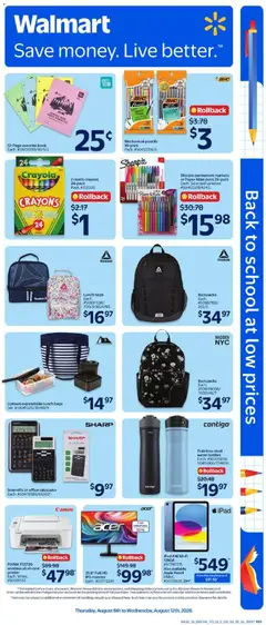 Un aperçu du dépliant Walmart flyer - Back to school at low prices du magasin Walmart est valide à partir 6 août 2026