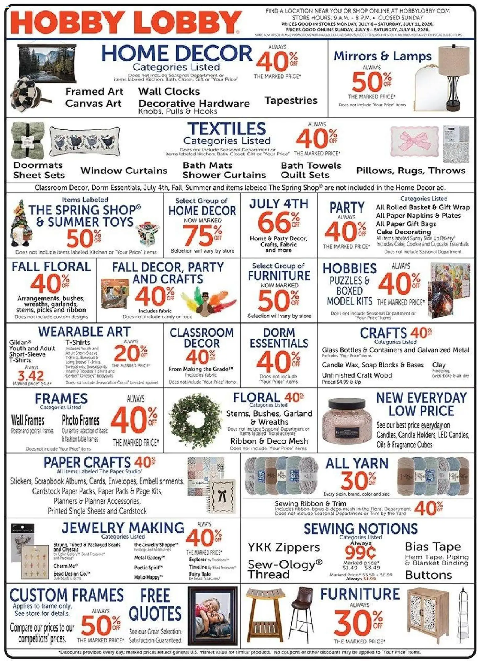 Ad Preview of Hobby Lobby Hobby Lobby Weekly Ad from 07/05/2026 - Canvas, Cake, Candy, Cupcake, Pads, Quilt, Basket, Closet