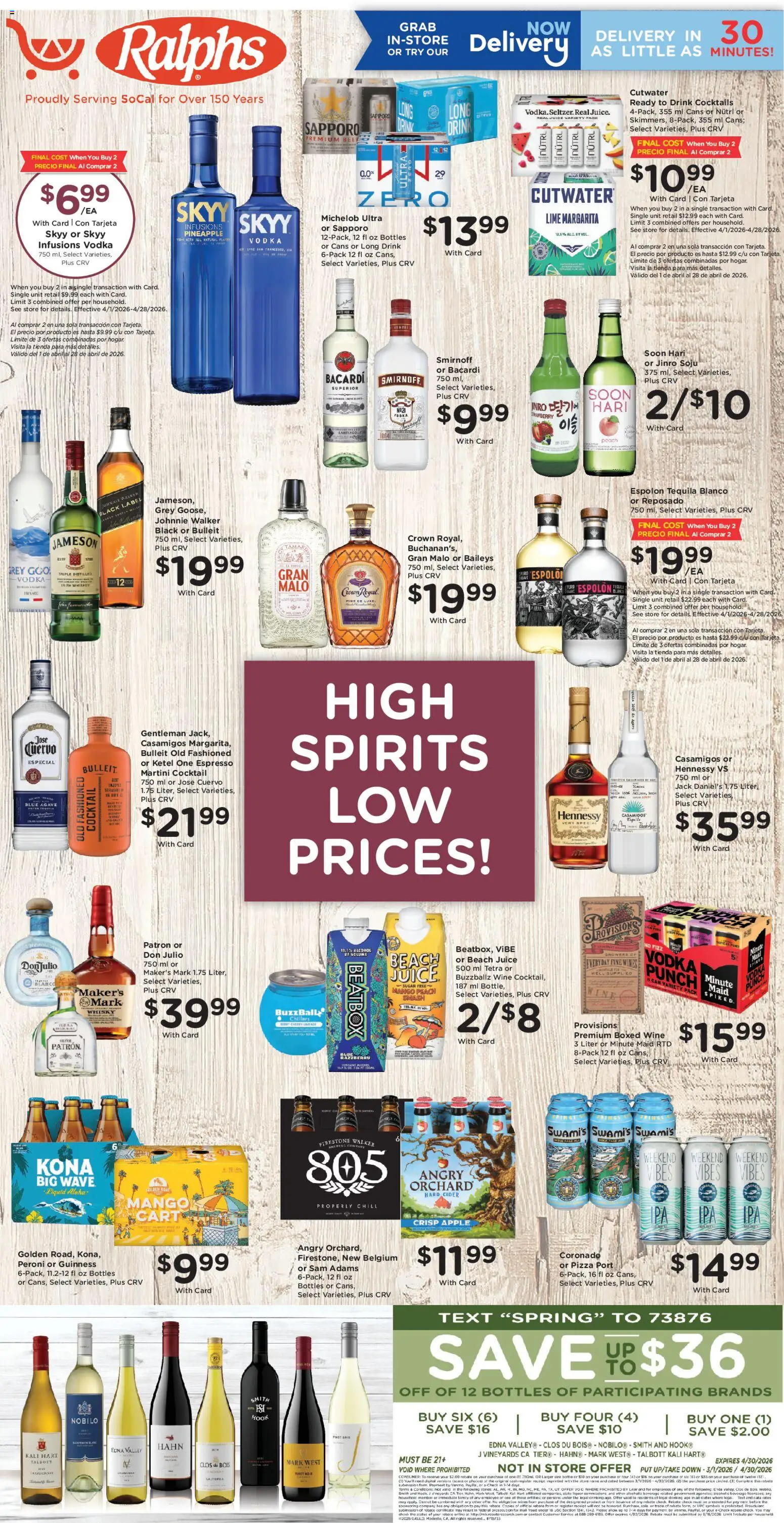 Ad Preview of Ralphs Ralphs Adult Beverage from 04/08/2026 - Pizza, Mango, Cider, Hennessy, Hook, Agave, Vodka, Sugar