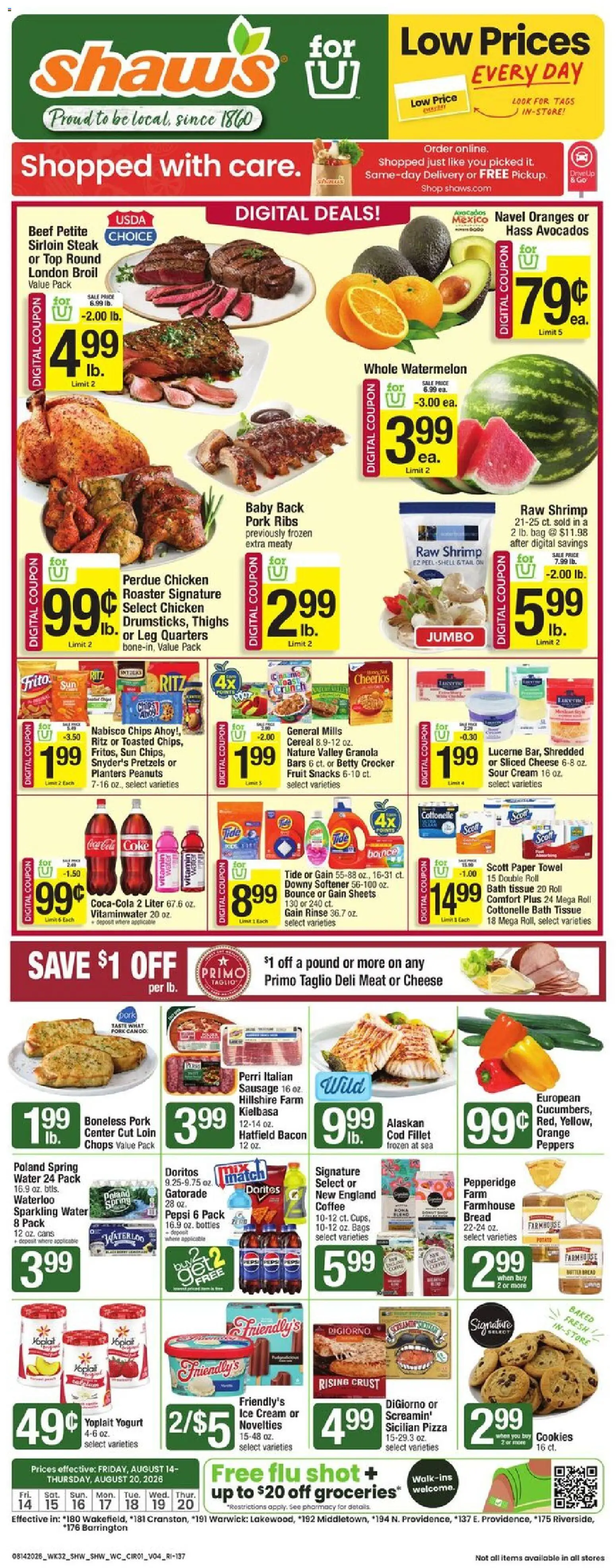 Ad Preview of Shaw's Shaw's Weekly Ad - RI from 08/14/2026 - Cookies, Steak, Chips, Cereal, Peanuts, Vitamin, Beef, Bath
