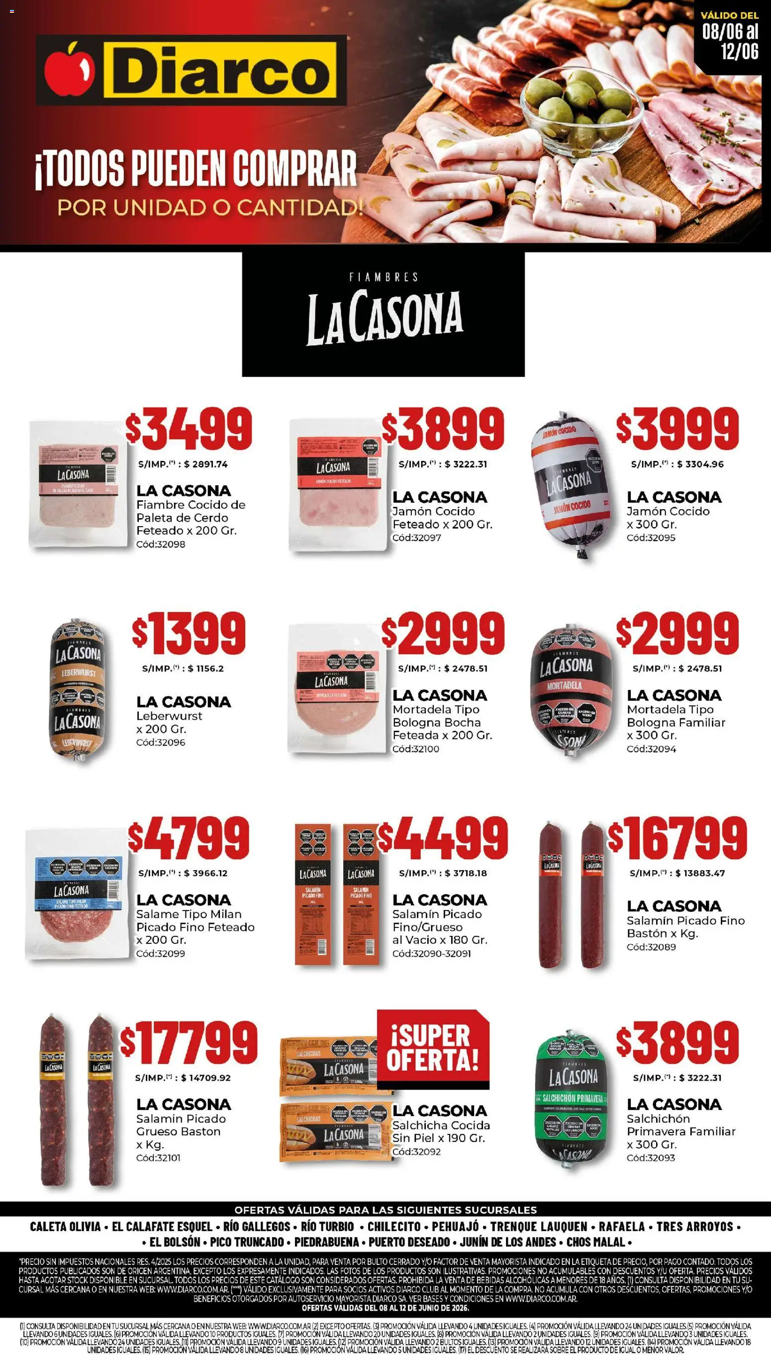 Vista previa del folleto de la tienda Diarco válido desde el 08/06/2026 - Bebidas, Mortadela, Salame, Jamón cocido, Paleta, Jamón, Salchichas, Paleta de cerdo