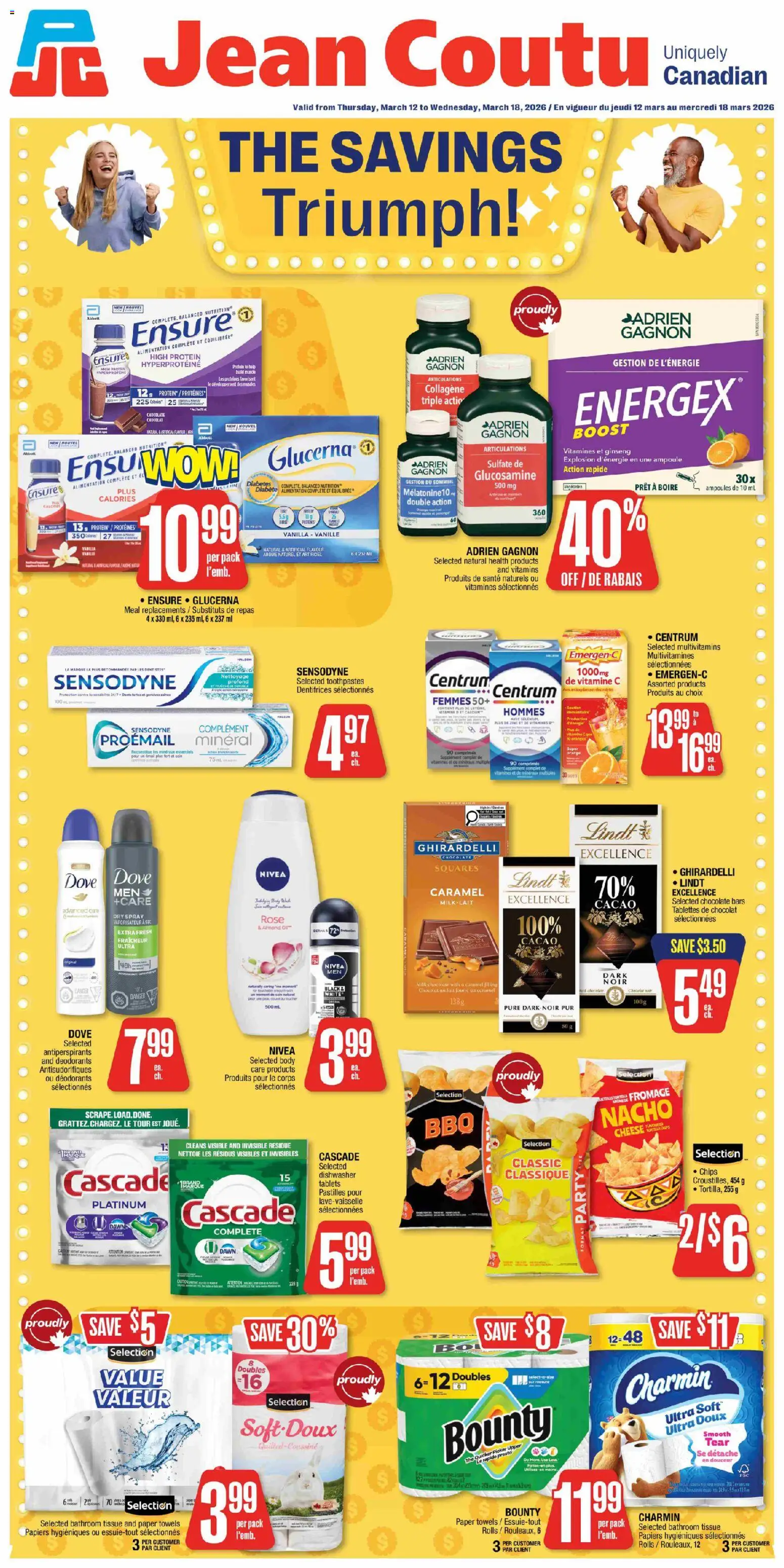 Preview of leaflet Jean Coutu weekly flyer from shop Jean Coutu is valid from Mar 12, 2026 - Chocolate, Lindt, Dishwasher, Chips, Oil, Protein, Paper towels, Towels