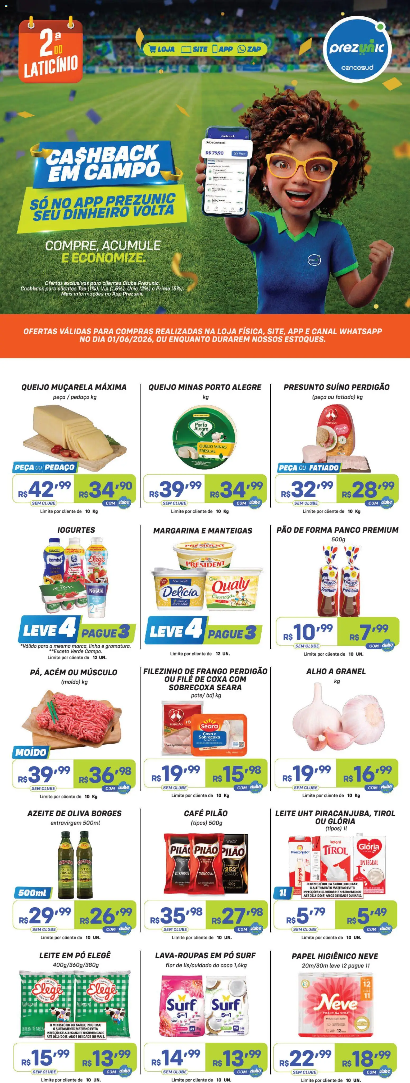 Pré-Visualização do folheto "Prezunic ofertas" da loja Prezunic válido a partir de 01/06/2026 - Café, Queijo, Frango, Pão de forma, Azeite de oliva, Presunto, Alho, Acém