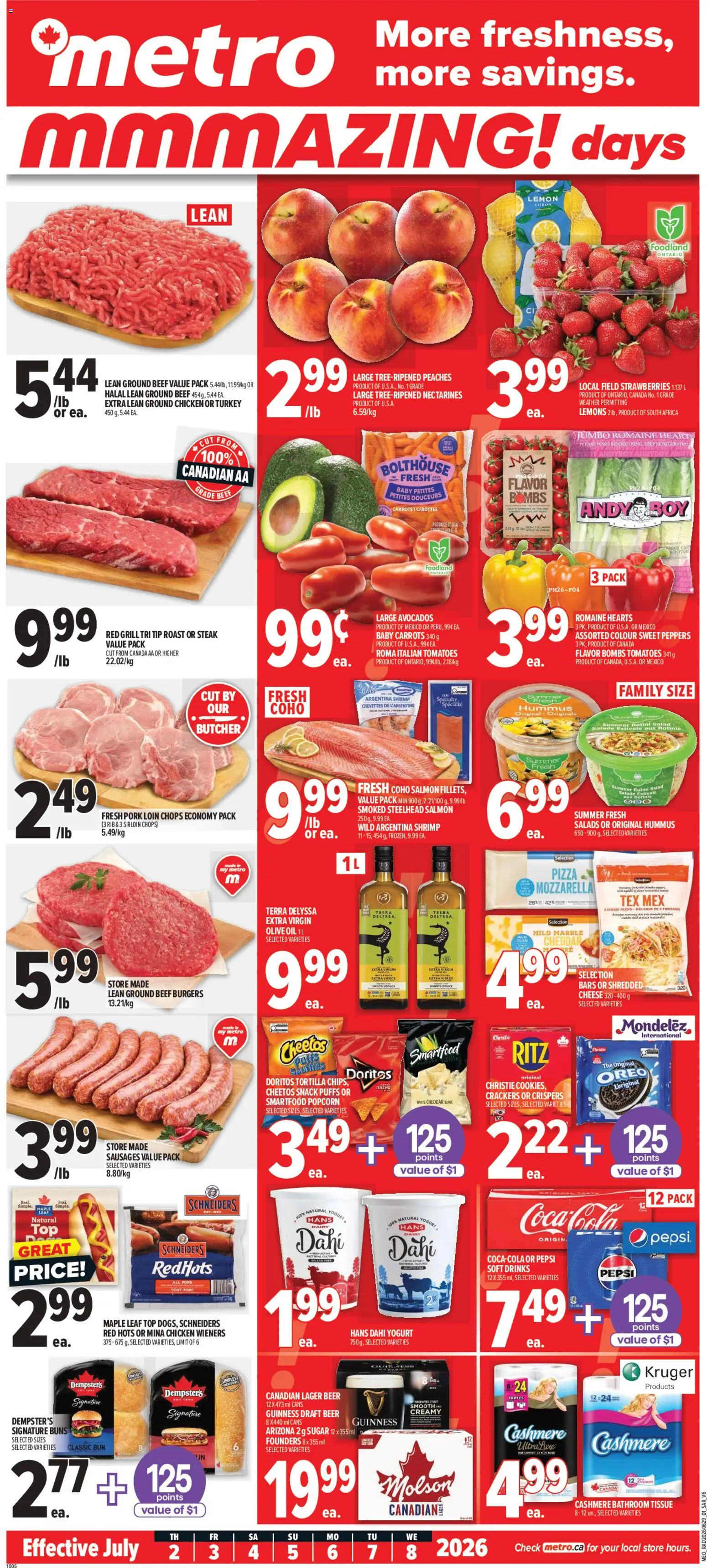 Preview of leaflet Metro weekly flyer - Saint-Augustin-De-Desmaures from shop Metro is valid from Jul 02, 2026 - Beer, Popcorn, Pepsi, Hummus, Sausages, Mozzarella, Roast, Nectarines