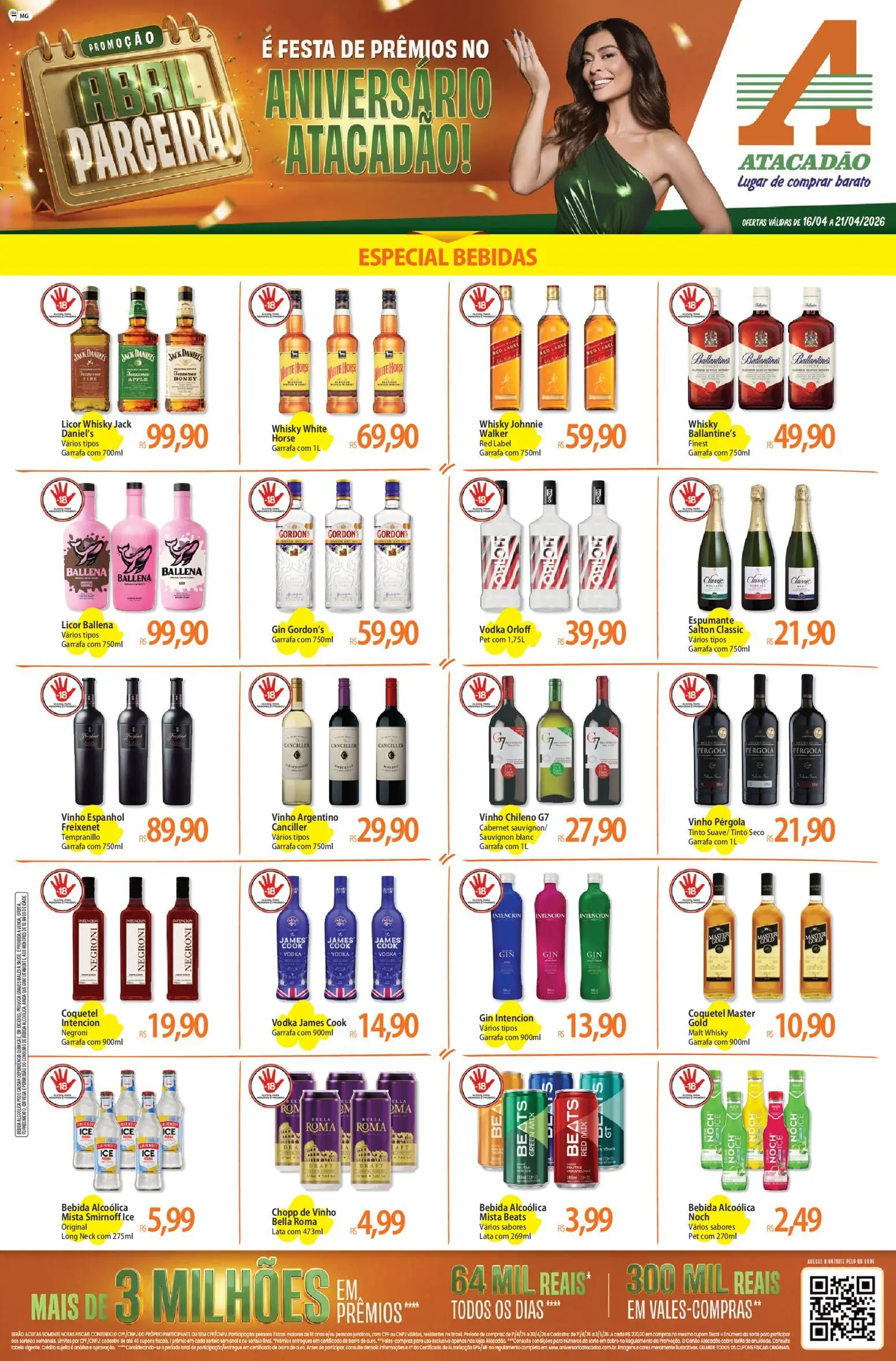 Pré-Visualização do folheto "Atacadão ofertas - MG" da loja Atacadão válido a partir de 16/04/2026 - Whisky, Frutas, Bebidas, Bebida, Licor, Espumante, Gin Gordon's, Ballantine’s