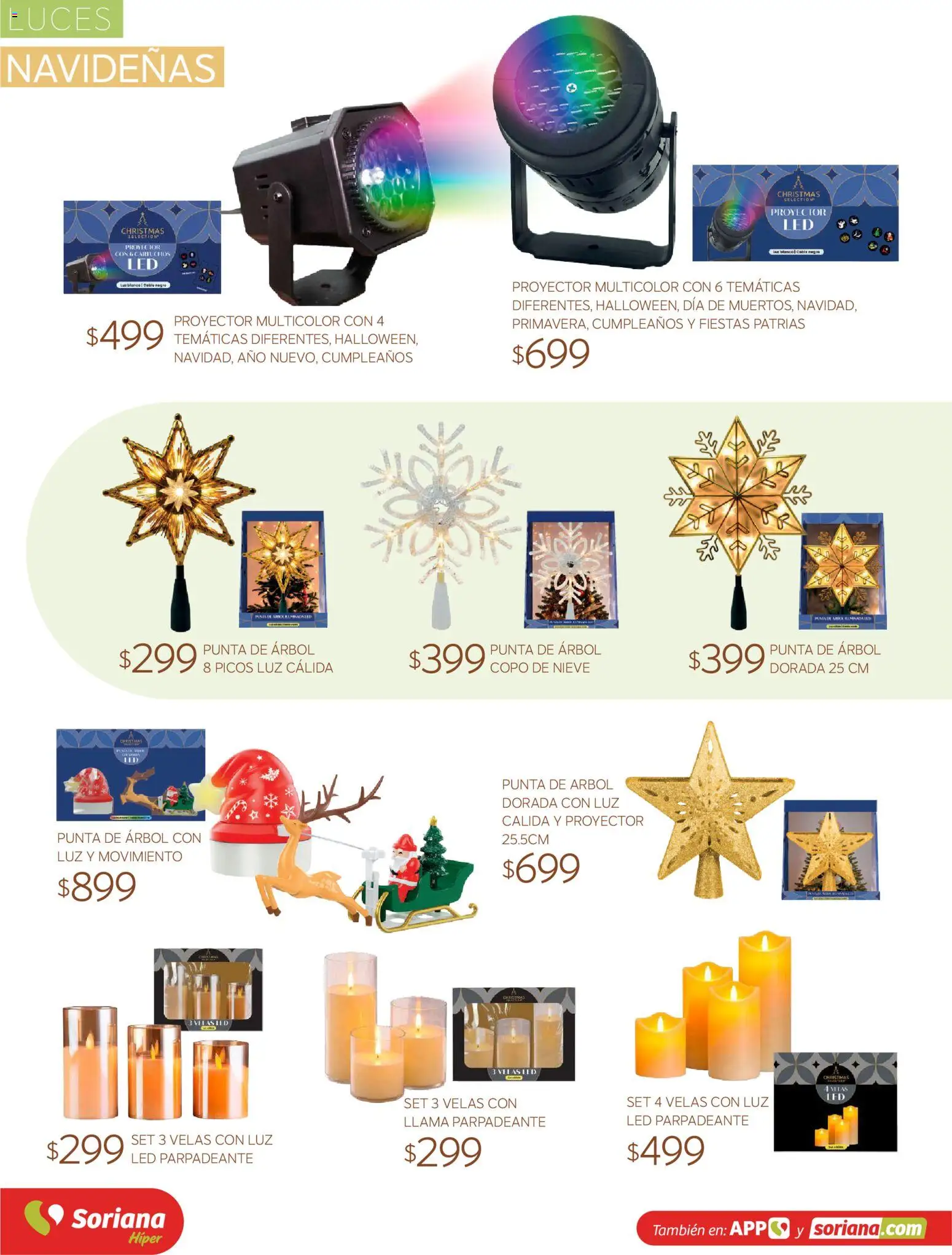 Vista previa las ofertas de la tienda Soriana - Soriana Híper - Decoracion Navideña desde el 30/09/2026 - Proyector, Velas, Luces navideñas, Luz LED