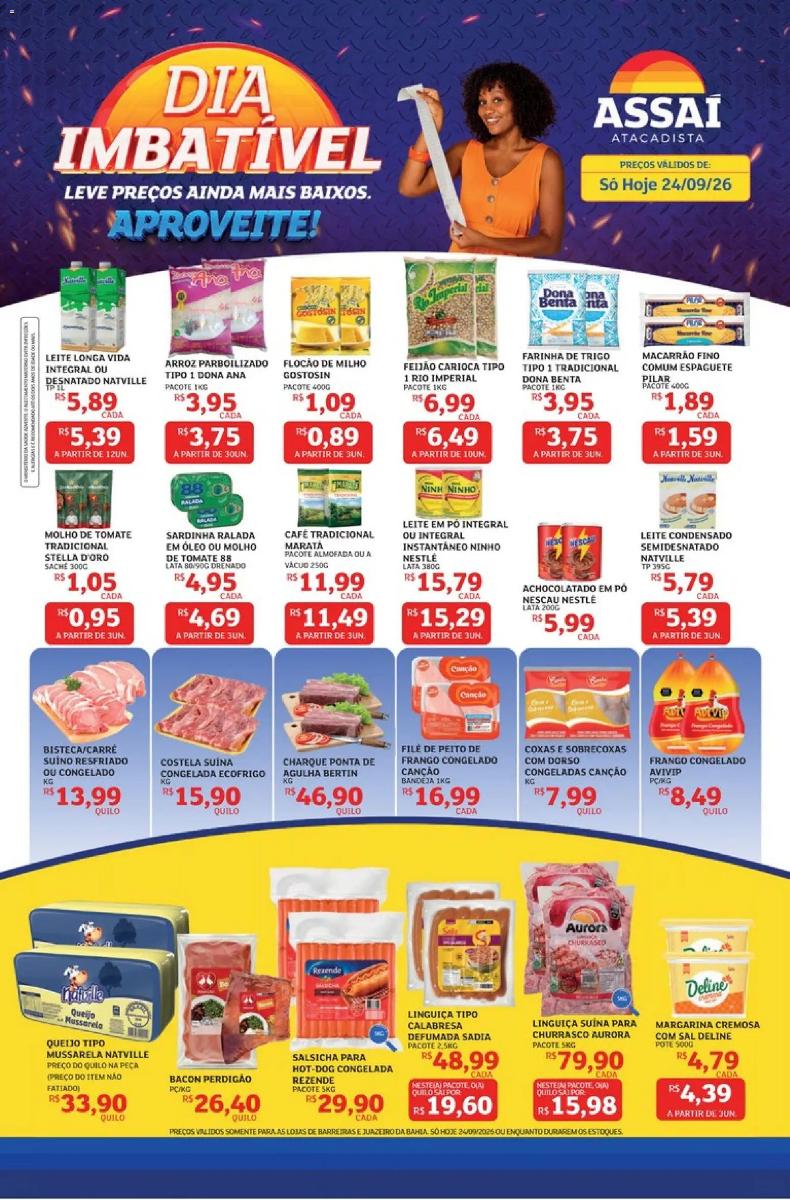 Pré-Visualização do folheto "Assaí Atacadista ofertas - BA" da loja Assaí Atacadista válido a partir de 24/09/2026 - Salsicha, Arroz, Queijo, Milho, Bacon, Almofada, Molho de tomate, Arroz parboilizado