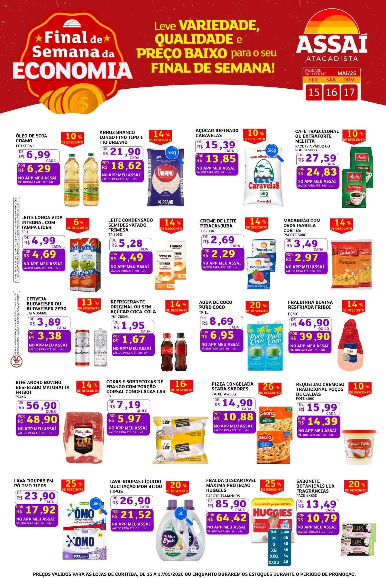 Pré-Visualização do folheto "Assaí Atacadista ofertas - PR" da loja Assaí Atacadista válido a partir de 15/05/2026 - Água, Leite condensado, Soja, Açúcar, Refrigerante, Creme, Requeijão, Pizza congelada