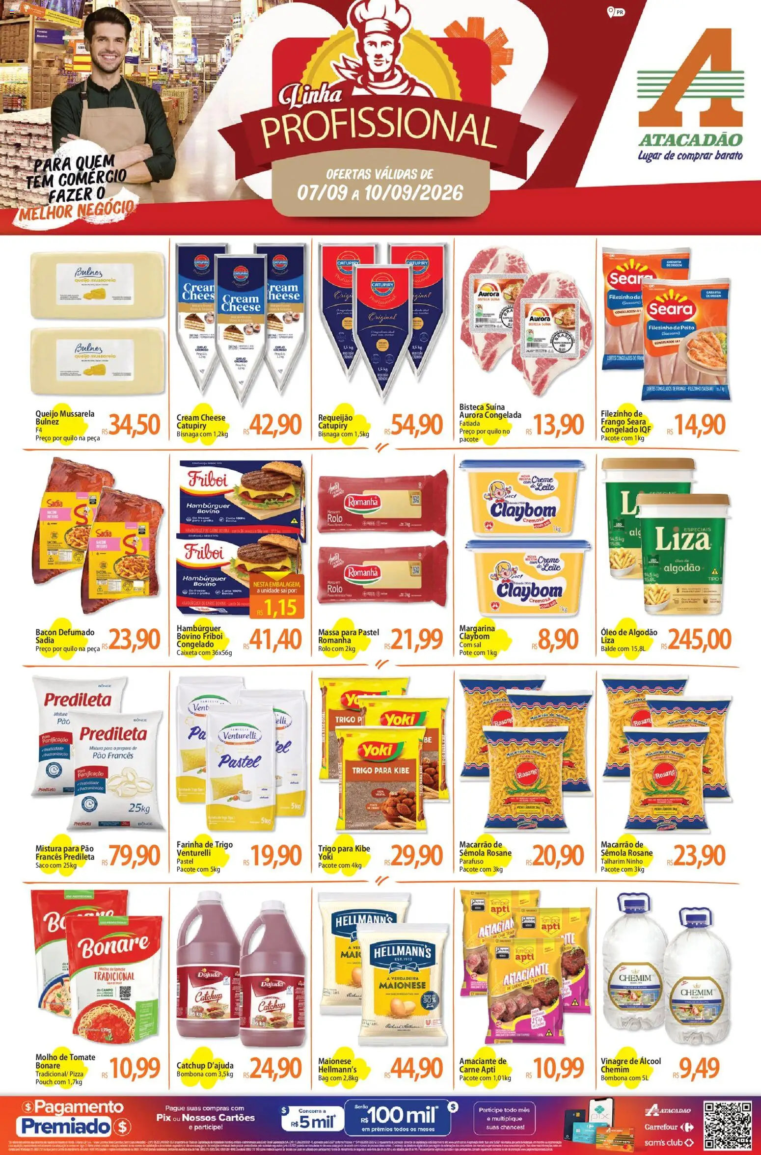Pré-Visualização do folheto "Atacadão ofertas - PR" da loja Atacadão válido a partir de 07/09/2026 - Hambúrguer, Pão, Álcool, Mussarela, Tomate, Maionese, Creme, Requeijão
