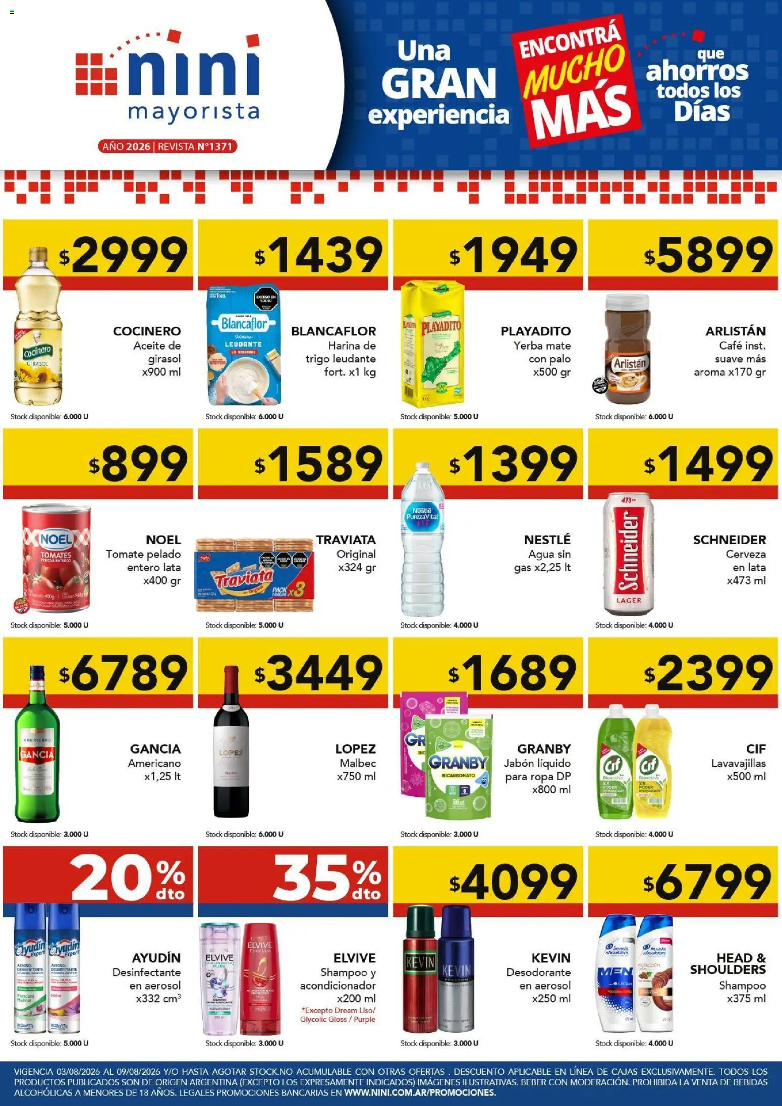 Vista previa del folleto de la tienda NINI Mayorista válido desde el 03/08/2026 - Café, Yerba, Lavavajillas, Harina, Revista, Desodorante, Acondicionador, Desinfectante