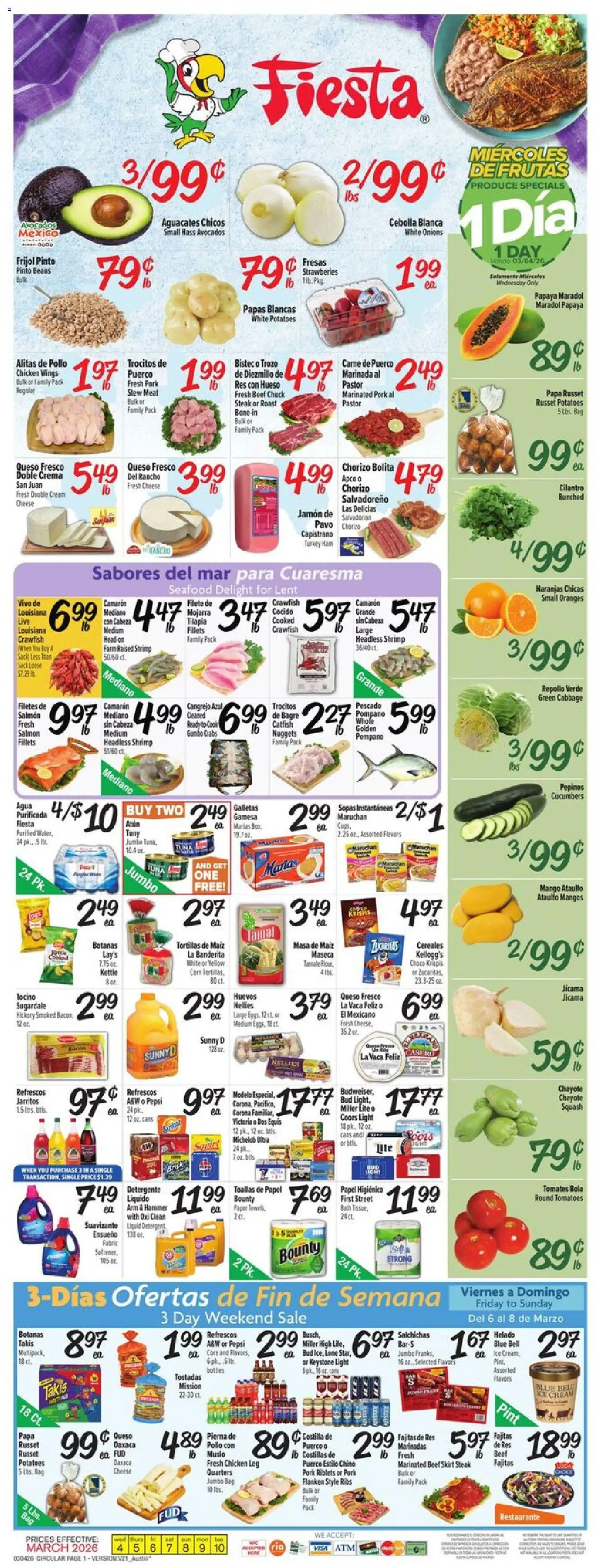 Ad Preview of Fiesta Mart Fiesta Mart Weekly Ad from 03/04/2026 - Mango, Turkey, Steak, Potatoes, Squash, Beans, Hammer, Pork