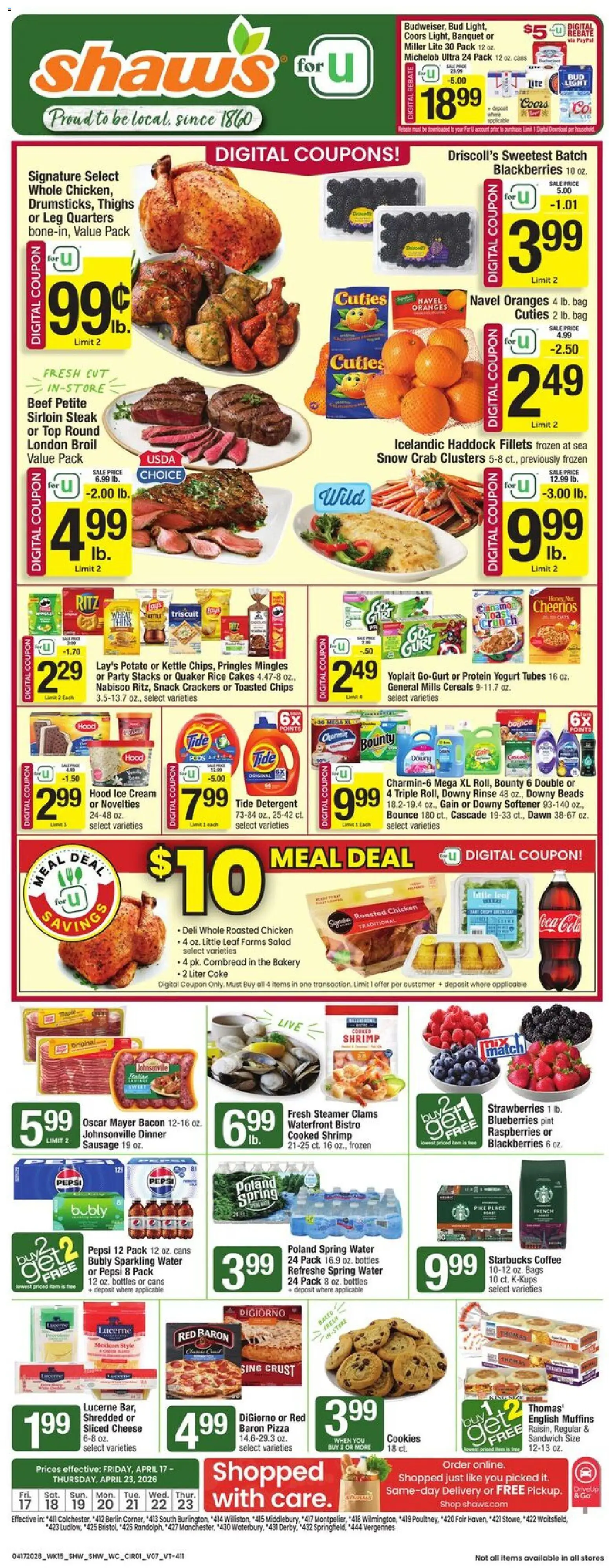 Ad Preview of Shaw's Shaw's Weekly Ad - VT from 04/17/2026 - Coffee, Water, Ice, Shrimp, Blueberries, Bacon, Muffins, Spring water