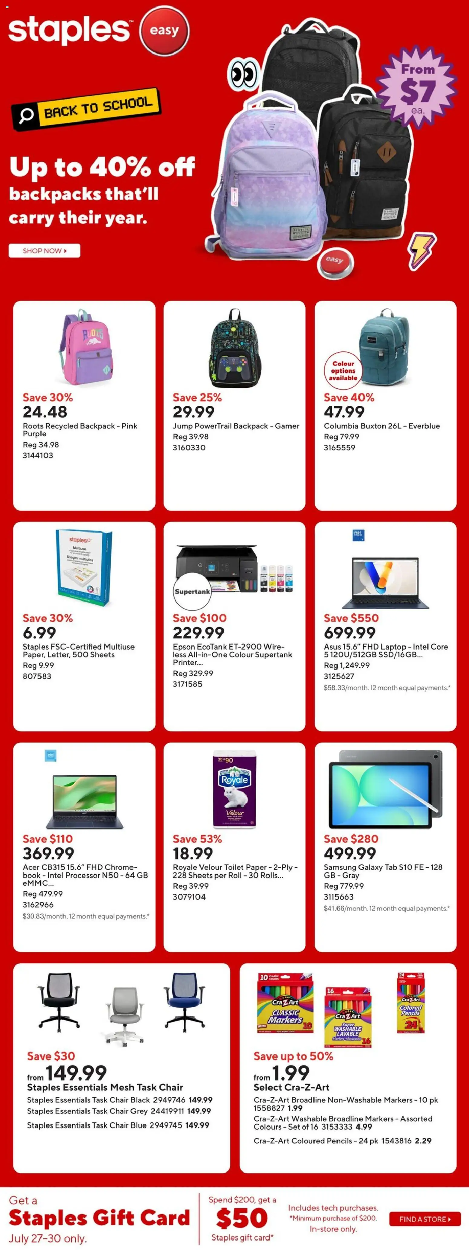 Preview of leaflet Staples weekly flyer / circulaire from shop Staples is valid from Jul 24, 2026 - Laptop, Backpack, Printer, Chair, Toilet paper