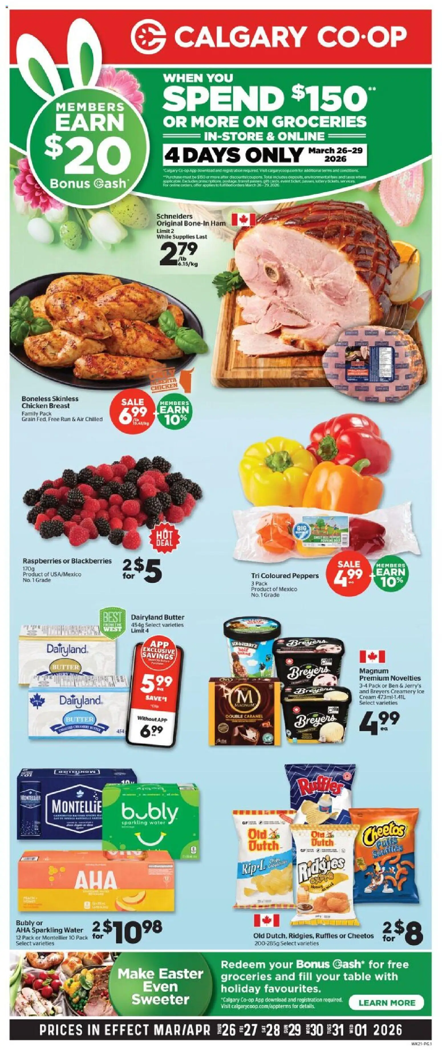 Preview of leaflet Calgary Co-op weekly flyer / circulaire from shop Calgary Co-op is valid from Mar 26, 2026 - Chicken, Water, Ice, Butter, Ham, Cream, Chicken breast, Table