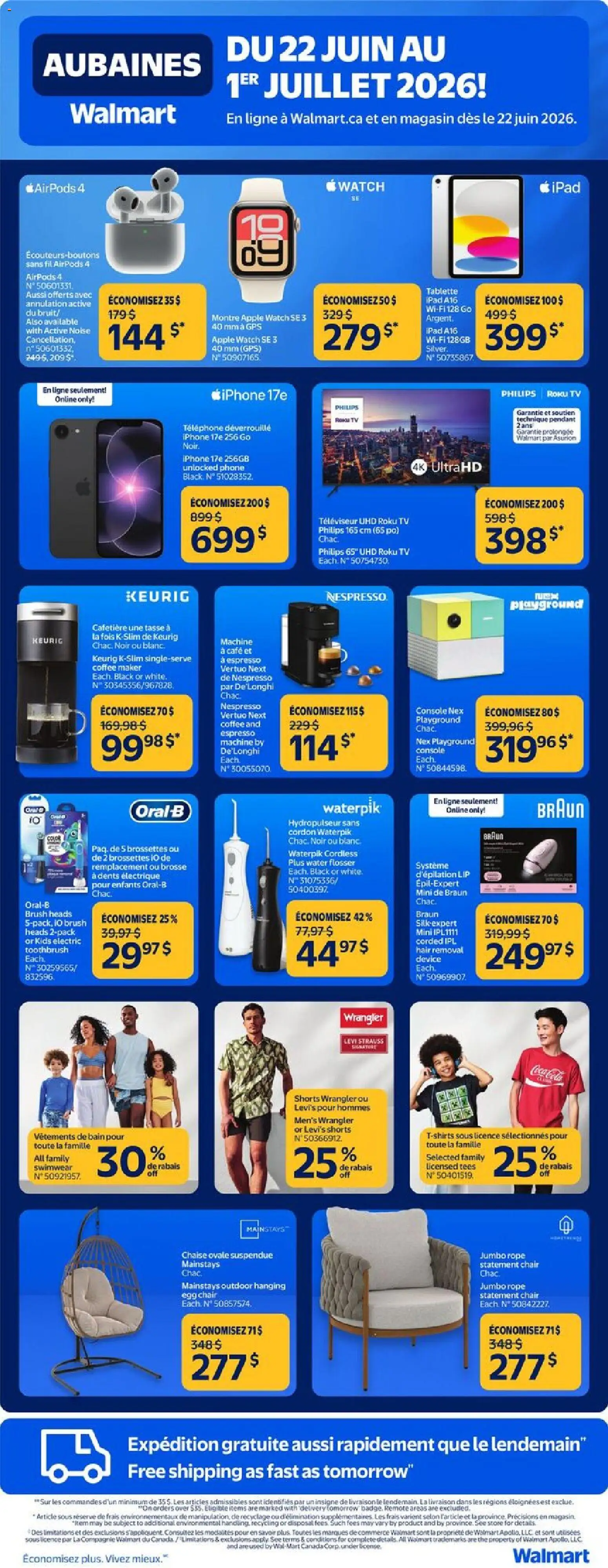 Preview of leaflet Walmart Aubaines from shop Walmart is valid from Jun 22, 2026 - Watch, Phone, Shorts, Tablet, Smartphone, Toothbrush, Smartwatch, Brush