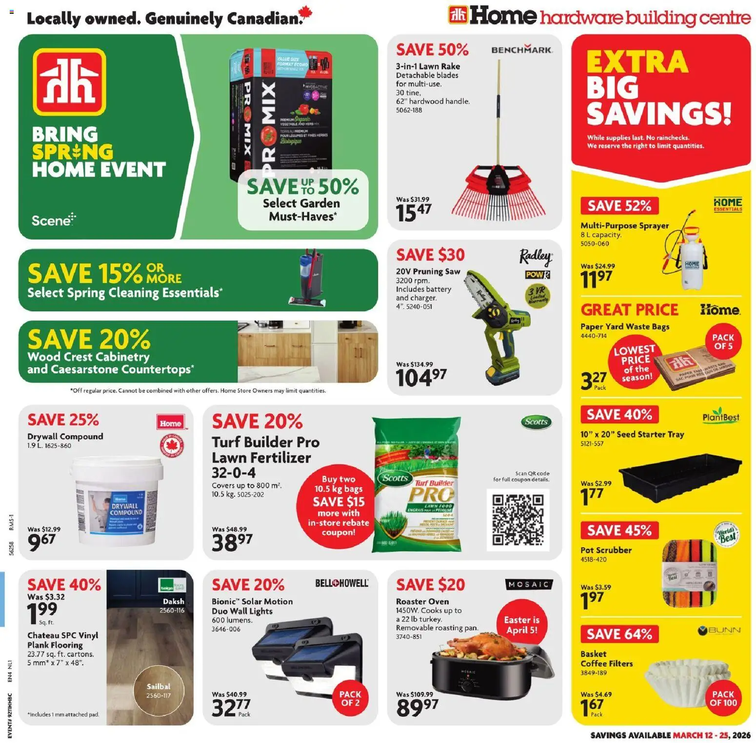 Preview of leaflet Home Hardware weekly flyer / circulaire from shop Home Hardware is valid from Mar 12, 2026 - Coffee, Food, Battery, Legumes, Oven, Basket, Fertilizer, Scrubber