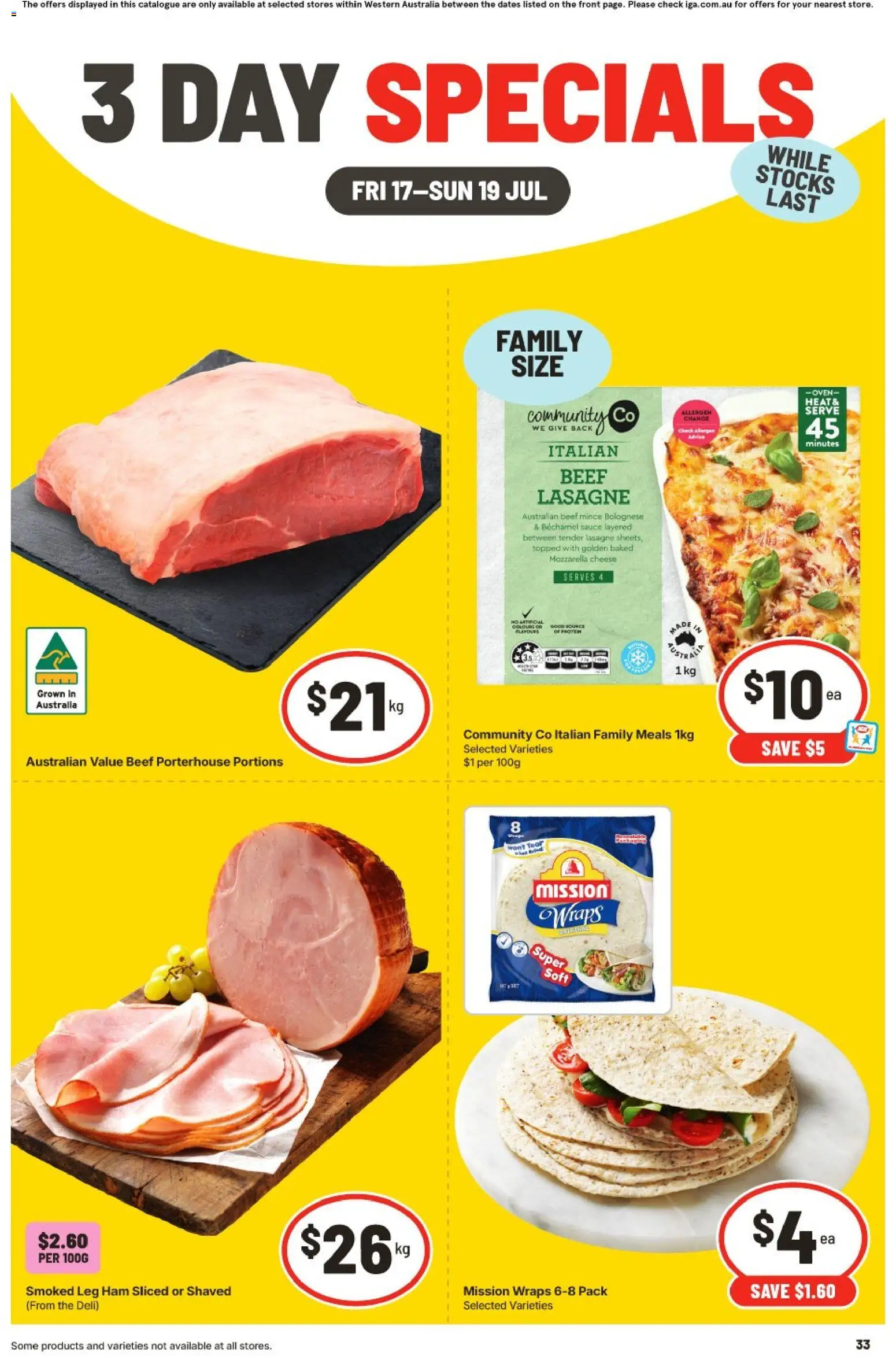 Preview of catalogue IGA 3 Day Specials WA from shop IGA valid 17/07/2026 - Cheese, Ham, Beef, Sauce, Lasagne, Mozzarella, Oven
