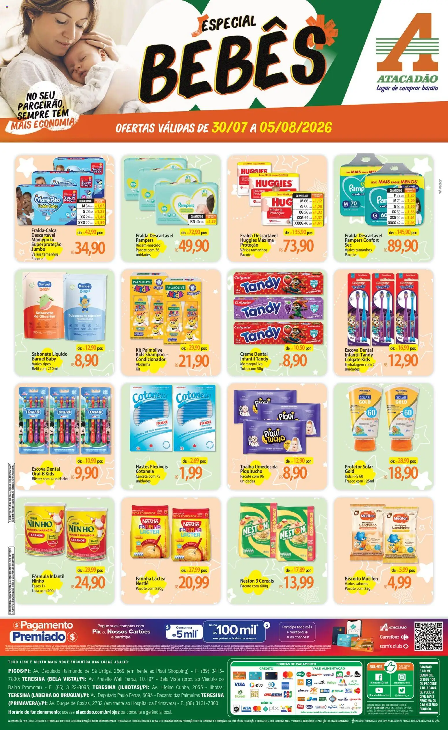 Pré-Visualização do folheto "Atacadão ofertas - PI" da loja Atacadão válido a partir de 30/07/2026 - Shampoo, Sabonete líquido, Pampers, Escova, Farinha, Creme dental, Cereais, Fralda descartável huggies