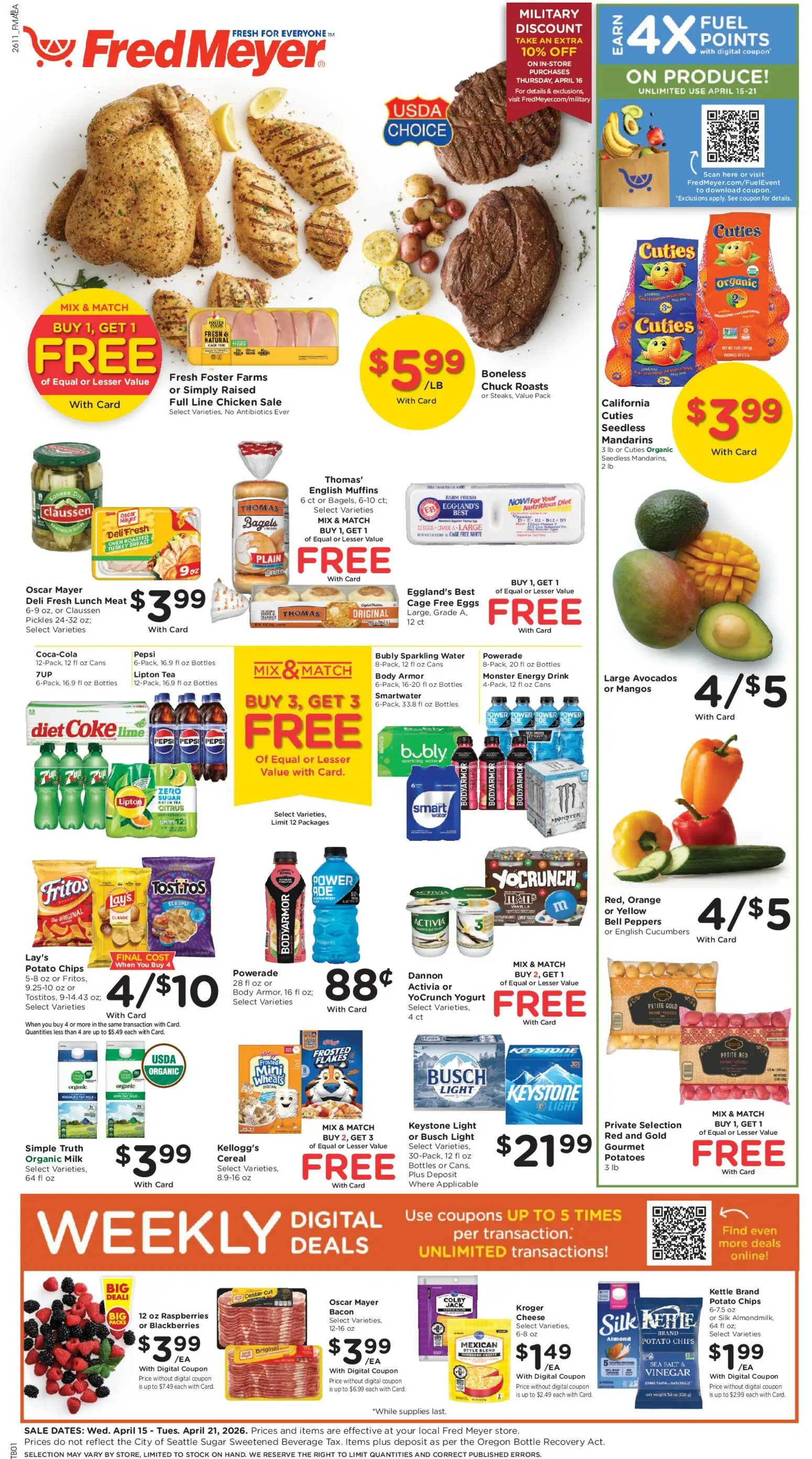 Ad Preview of Fred Meyer Fred Meyer Weekly Ad from 04/15/2026 - Water, Eggs, Chips, Potatoes, Meat, Pepsi, Raspberries, Potato chips