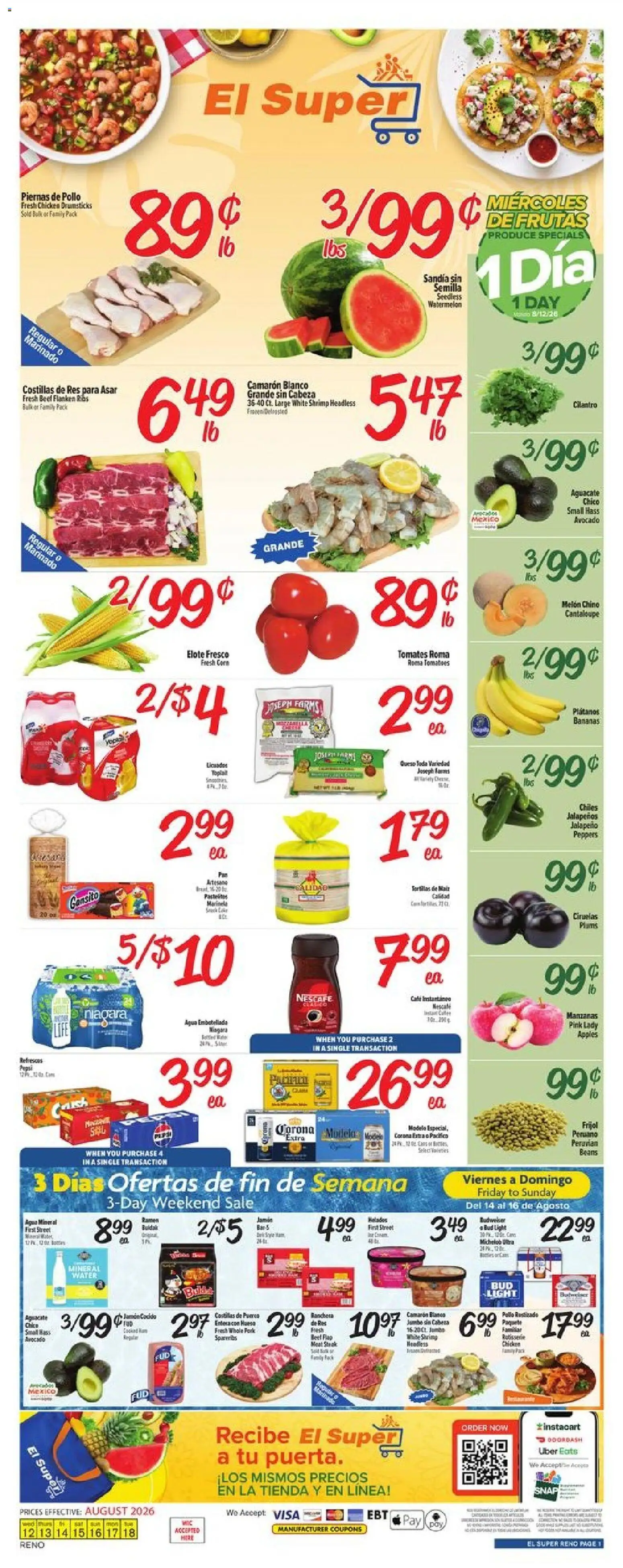 Ad Preview of El Super El Super Weekly Ad - NV from 08/12/2026 - Bananas, Peppers, Plums, Pork, Melon, Drumsticks, Mineral water, Chicken drumsticks