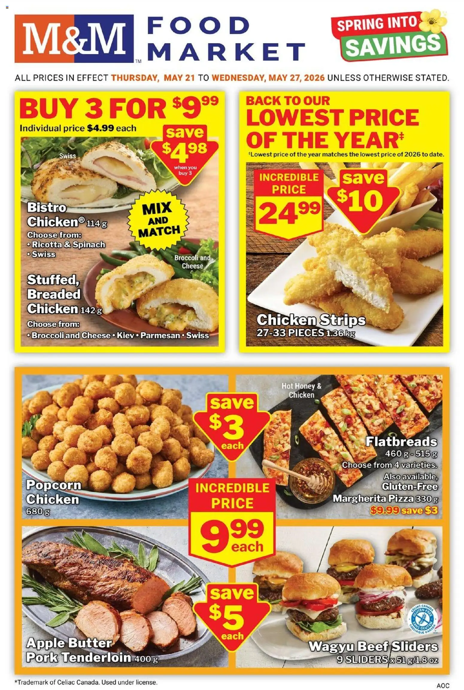 Preview of leaflet M&M Food Market weekly flyer / circulaire from shop M&M Food Market is valid from May 21, 2026 - Food, Pizza, Chicken, Popcorn, Broccoli, Butter, Spinach, Strips