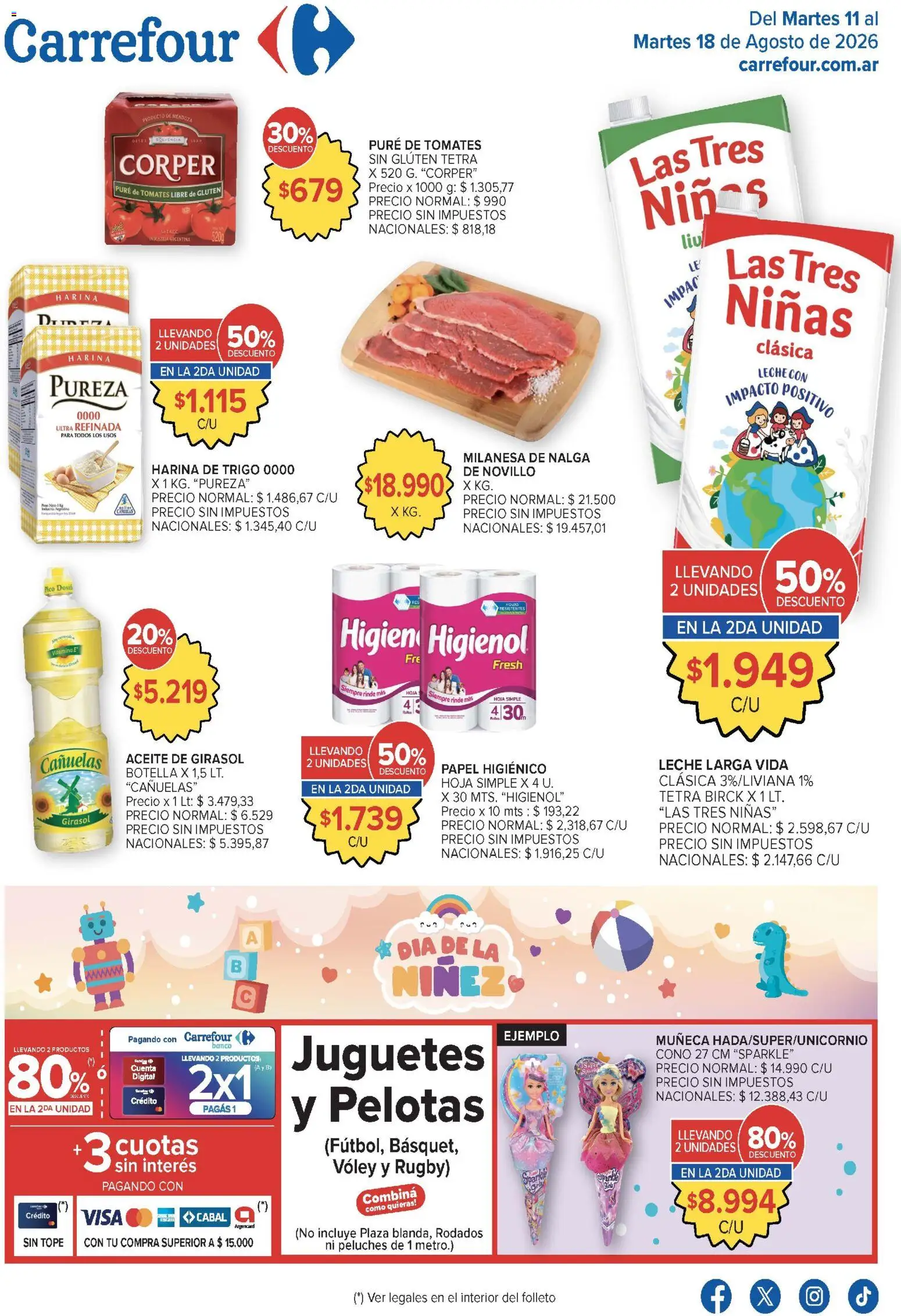 Vista previa del folleto de la tienda Carrefour válido desde el 11/08/2026 - Milanesa, Peluches, Tomates, Aceite, Harina, Botella, Aceite de girasol, Puré