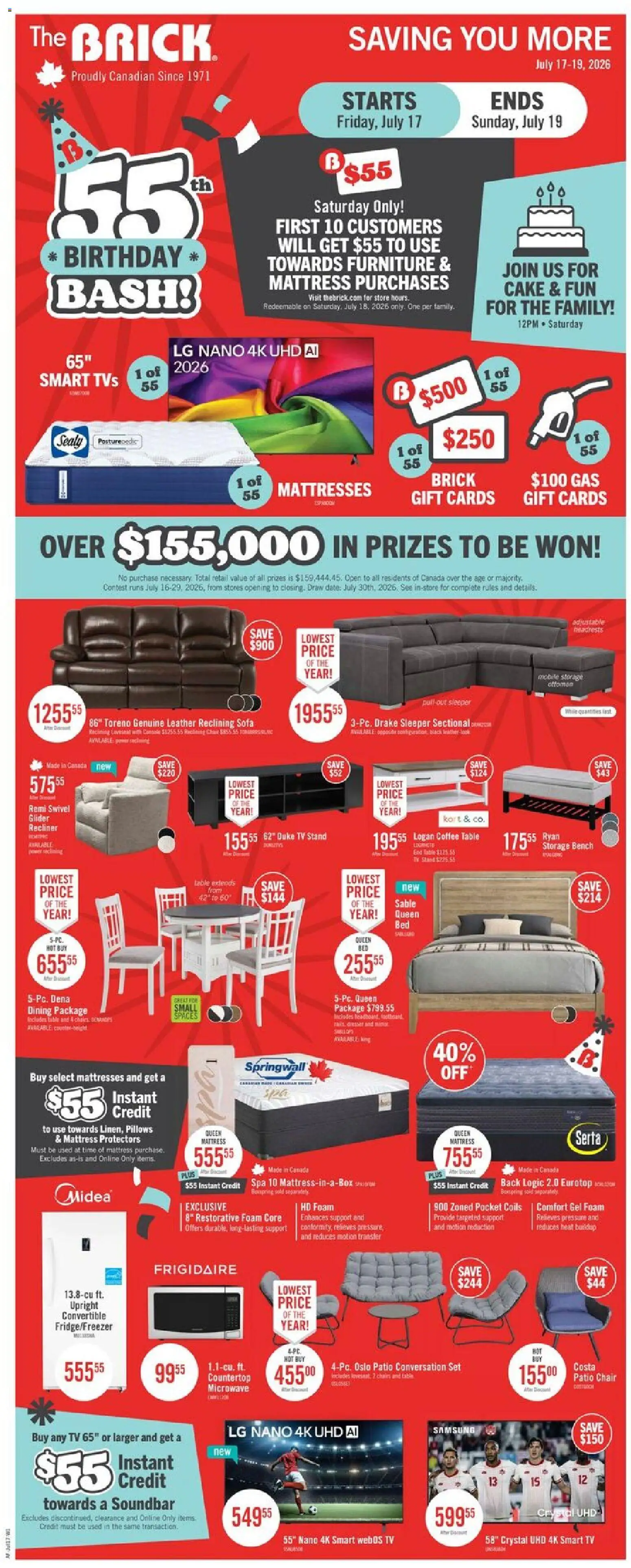 Preview of leaflet The Brick weekly flyer / circulaire from shop The Brick is valid from Jul 16, 2026 - Cake, Tv, Mattresses, Mattress, Coffee table, Chair, Foam, Table