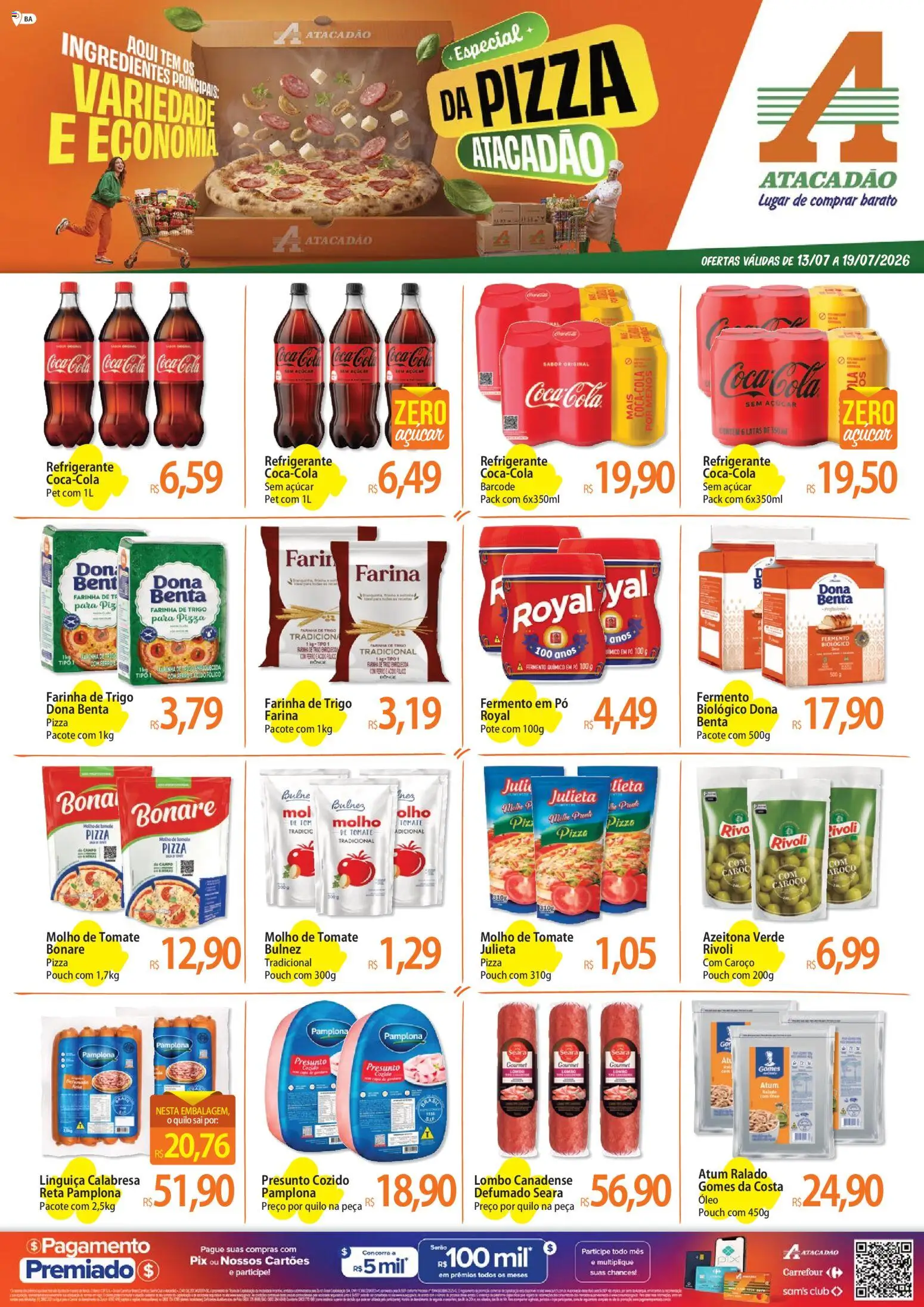 Pré-Visualização do folheto "Atacadão ofertas - BA" da loja Atacadão válido a partir de 13/07/2026 - Pizza, Óleo, Pera, Tomate, Refrigerante, Molho de tomate, Presunto, Lombo