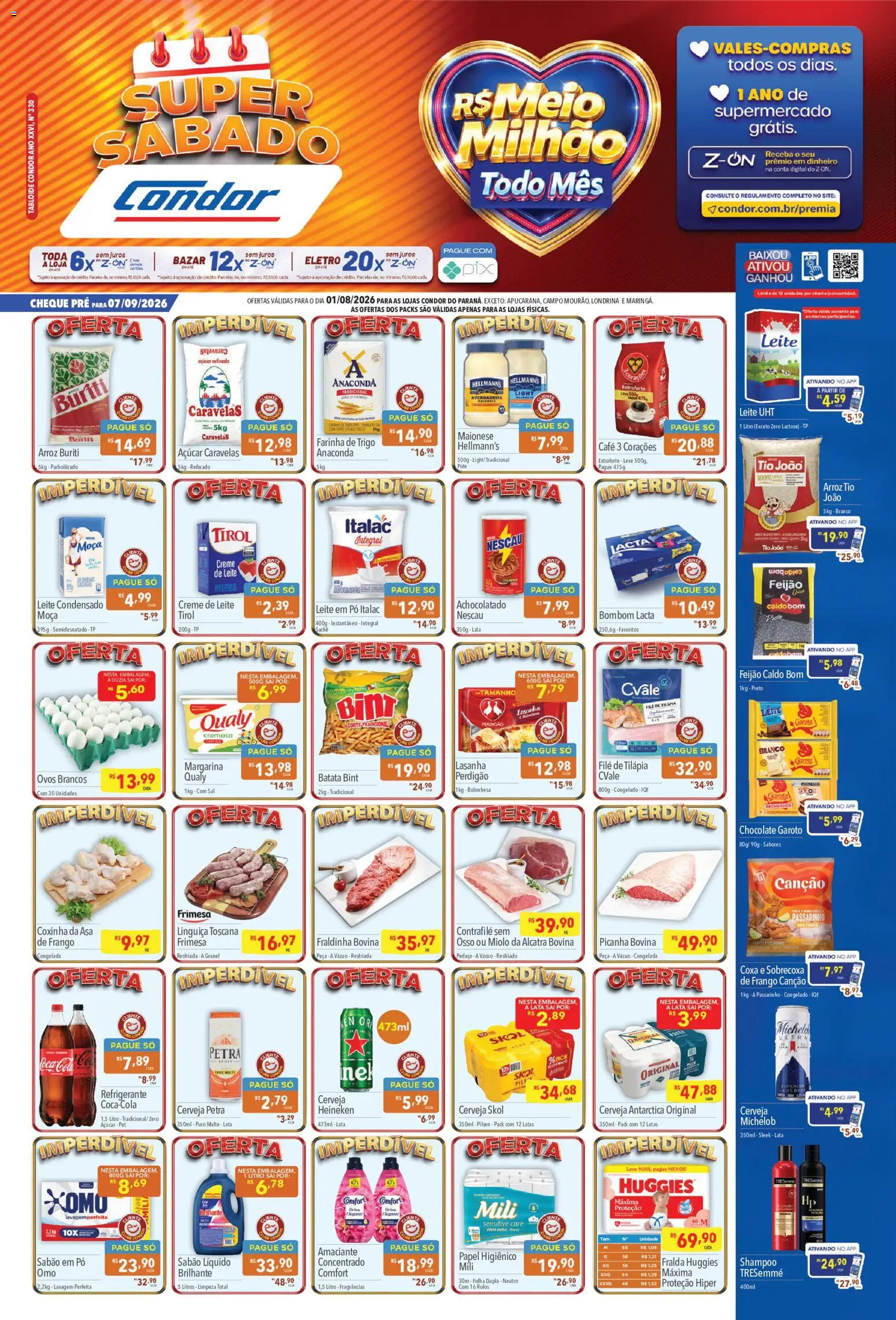 Pré-Visualização do folheto "Supermercados Condor ofertas Super Sabado" da loja Supermercados Condor válido a partir de 01/08/2026 - Picanha, Arroz, Creme, Papel higiênico, Sabão em pó, Amaciante, Filé de tilápia, Sabão