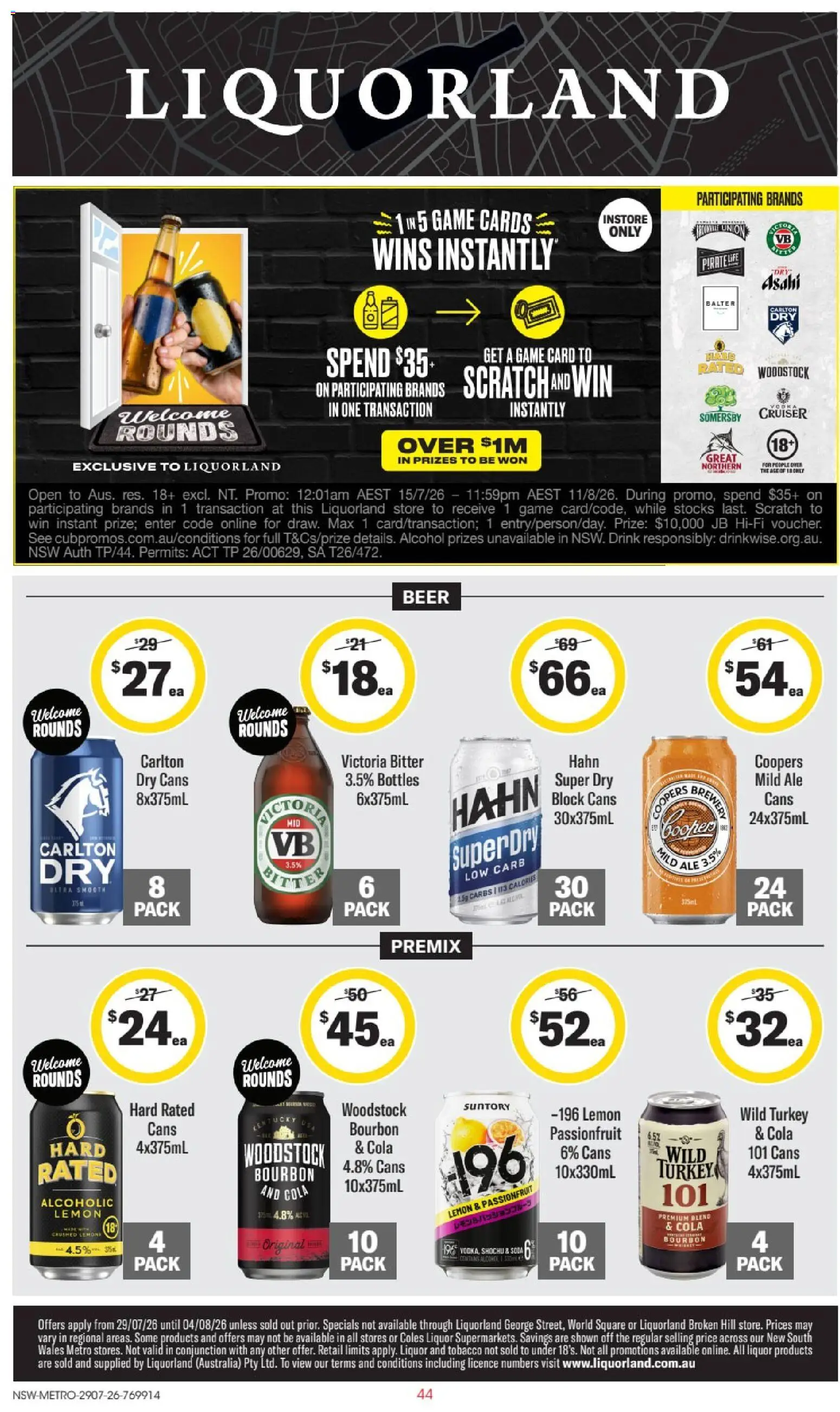 Preview of catalogue Liquorland OS 29/07 - NSW Metro from shop Liquorland valid 29/07/2026 - Alcohol, Beer, Bourbon, Passionfruit, Lemon, Turkey, Game