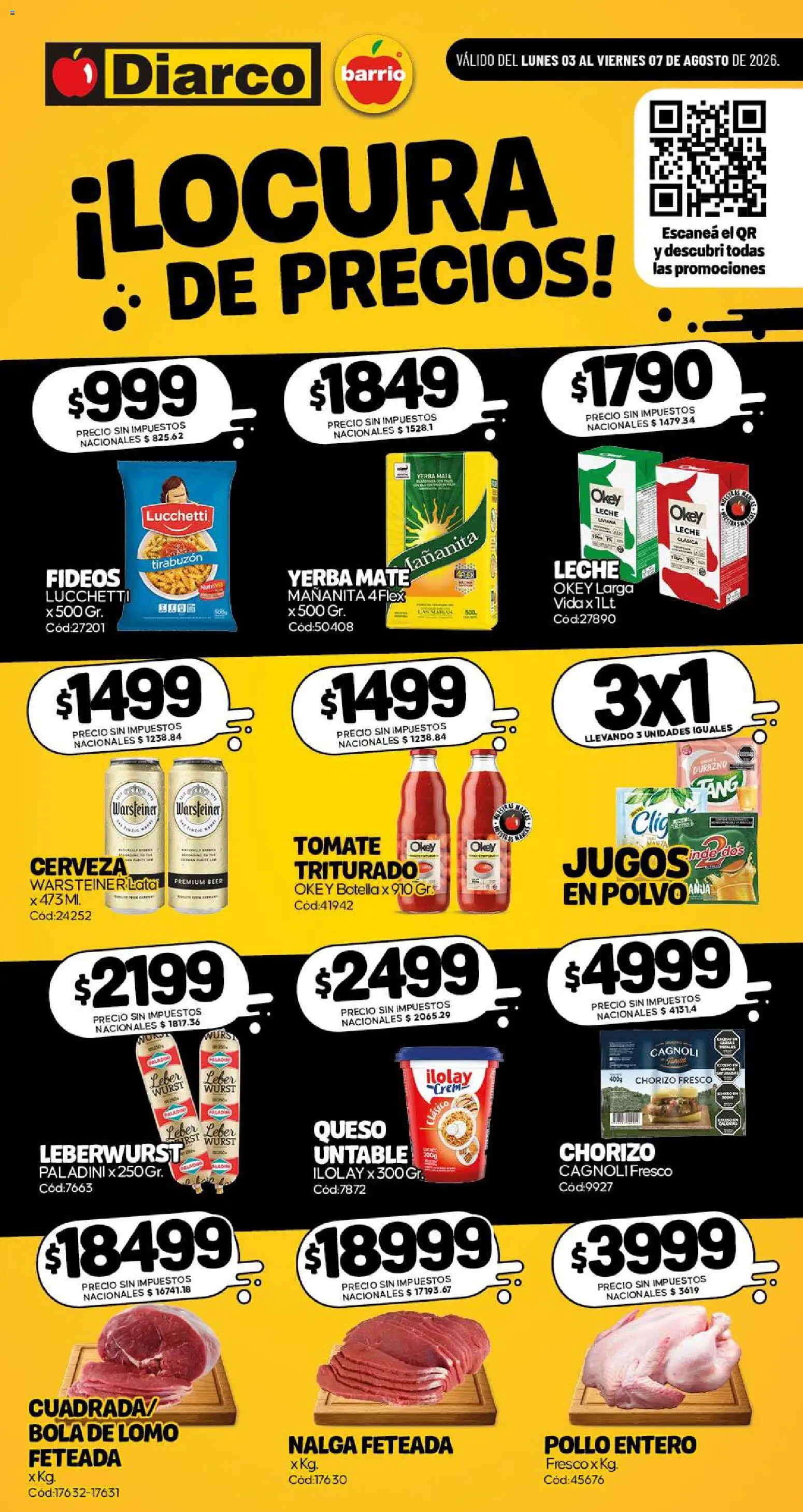 Vista previa del folleto de la tienda Diarco válido desde el 03/08/2026 - Queso, Yerba, Tomate, Leche, Fideos, Chorizo, Botella, Untable
