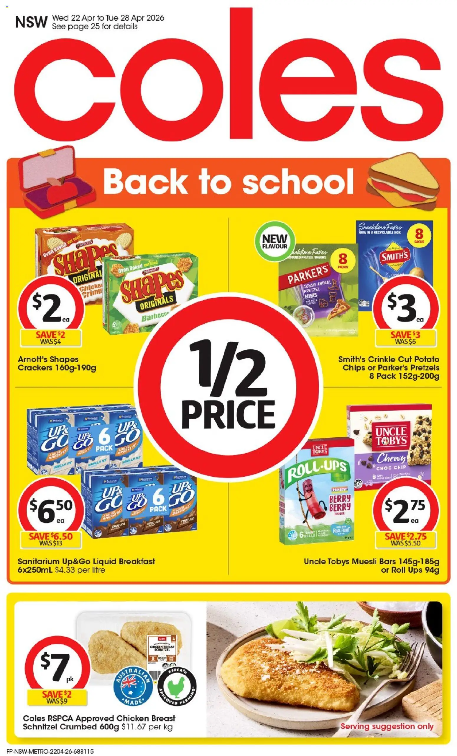Preview of catalogue Coles catalogue from shop Coles valid 22/04/2026 - Fries, Crackers, Chicken, Chips, Pretzels, Oven, Muesli, UPS