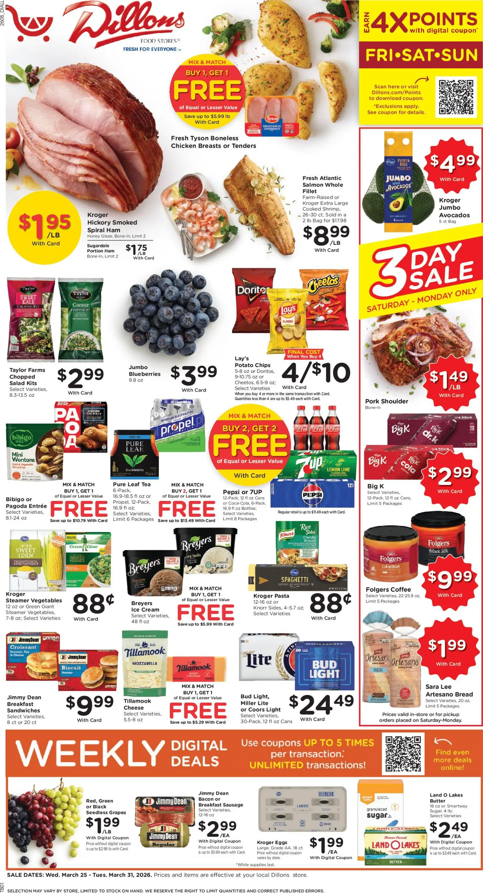 Ad Preview of Dillons Dillons Weekly Ad - KS from 03/25/2026 - Chips, Croissant, Corn, Butter, Bacon, Grapes, Chicken breasts, Mozzarella