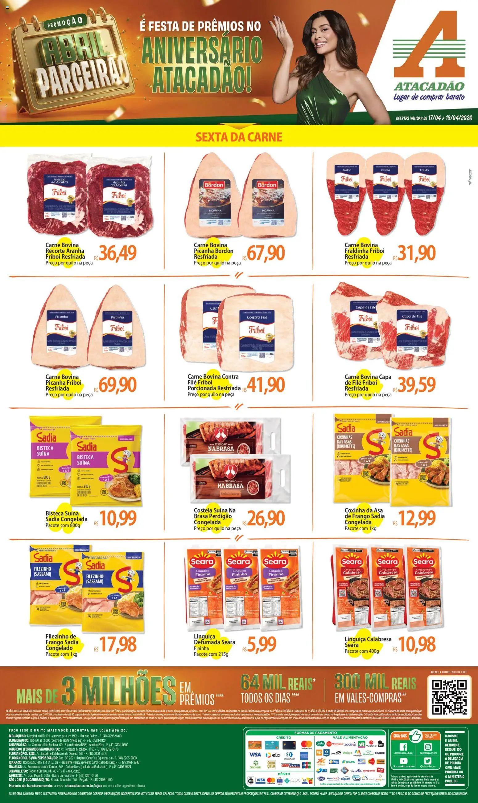 Pré-Visualização do folheto "Atacadão ofertas - SC" da loja Atacadão válido a partir de 17/04/2026 - Picanha, Carne, Frango, Fraldinha, Linguiça, Carne bovina, Aranha da alcatra, Picanha Bordon