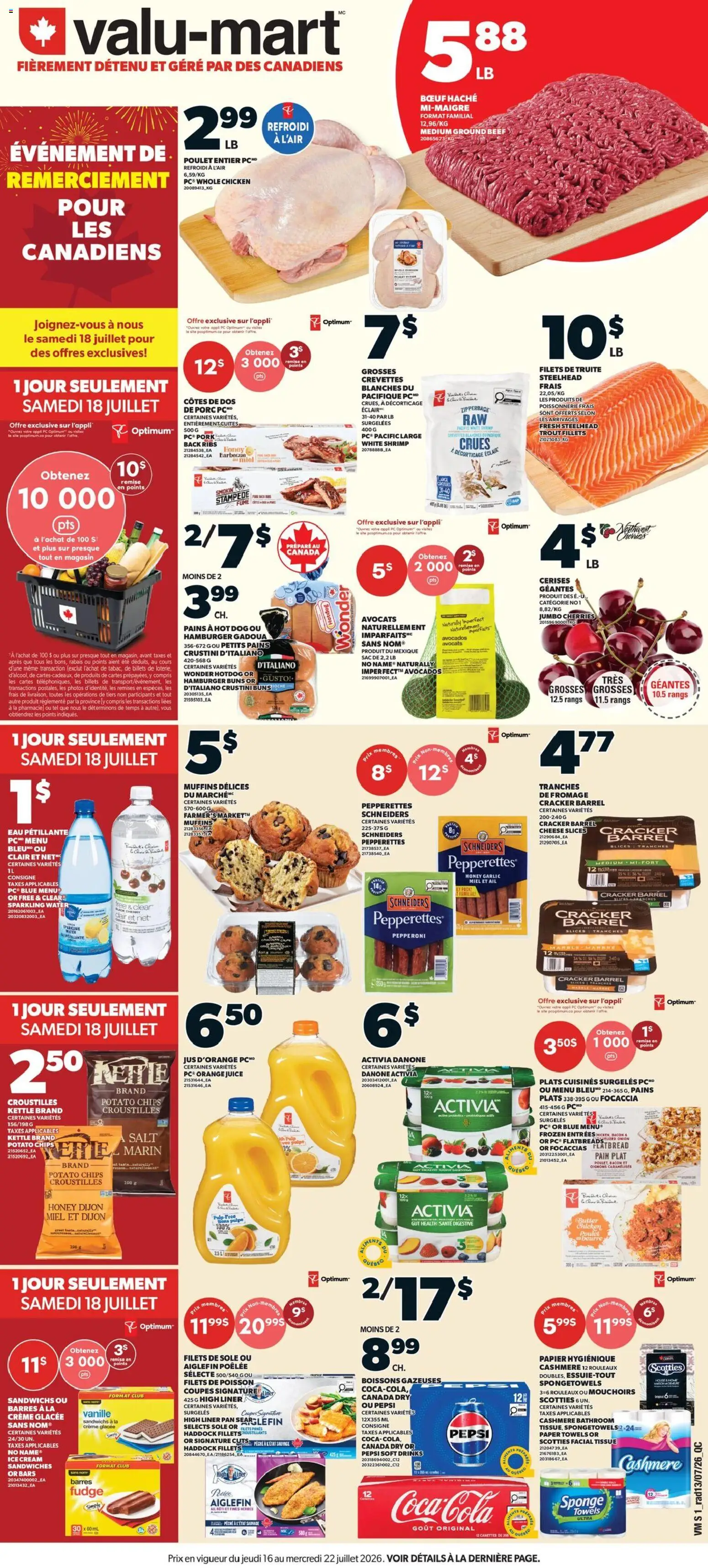 Preview of leaflet Valu Mart circulaire from shop Valu Mart is valid from Jul 16, 2026 - Hamburger, Cheese, Focaccia, Butter, Pork, Orange juice, Towels, Sponge