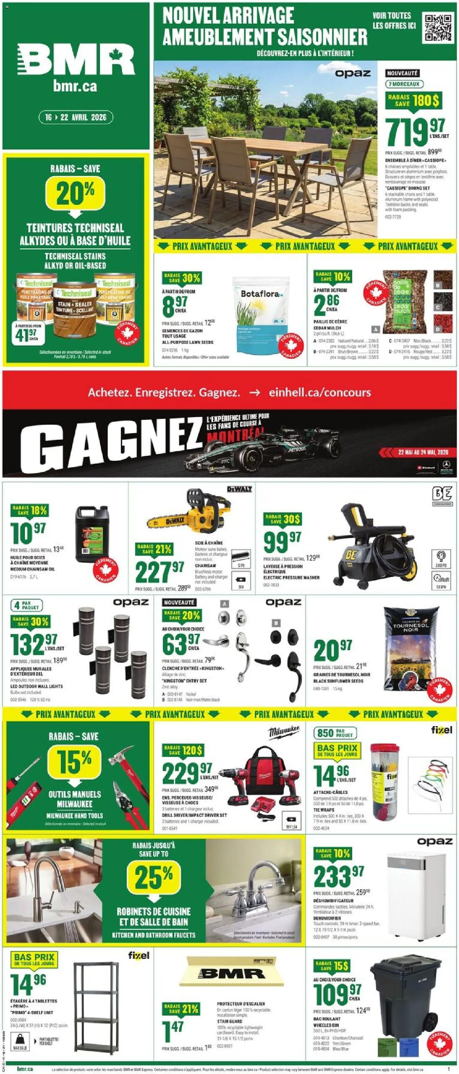 Preview of leaflet BMR weekly flyer / circulaire from shop BMR is valid from Apr 16, 2026 - Sunflower, Battery, Oil, Bag, Chairs, Chainsaw, Foam, Dining set