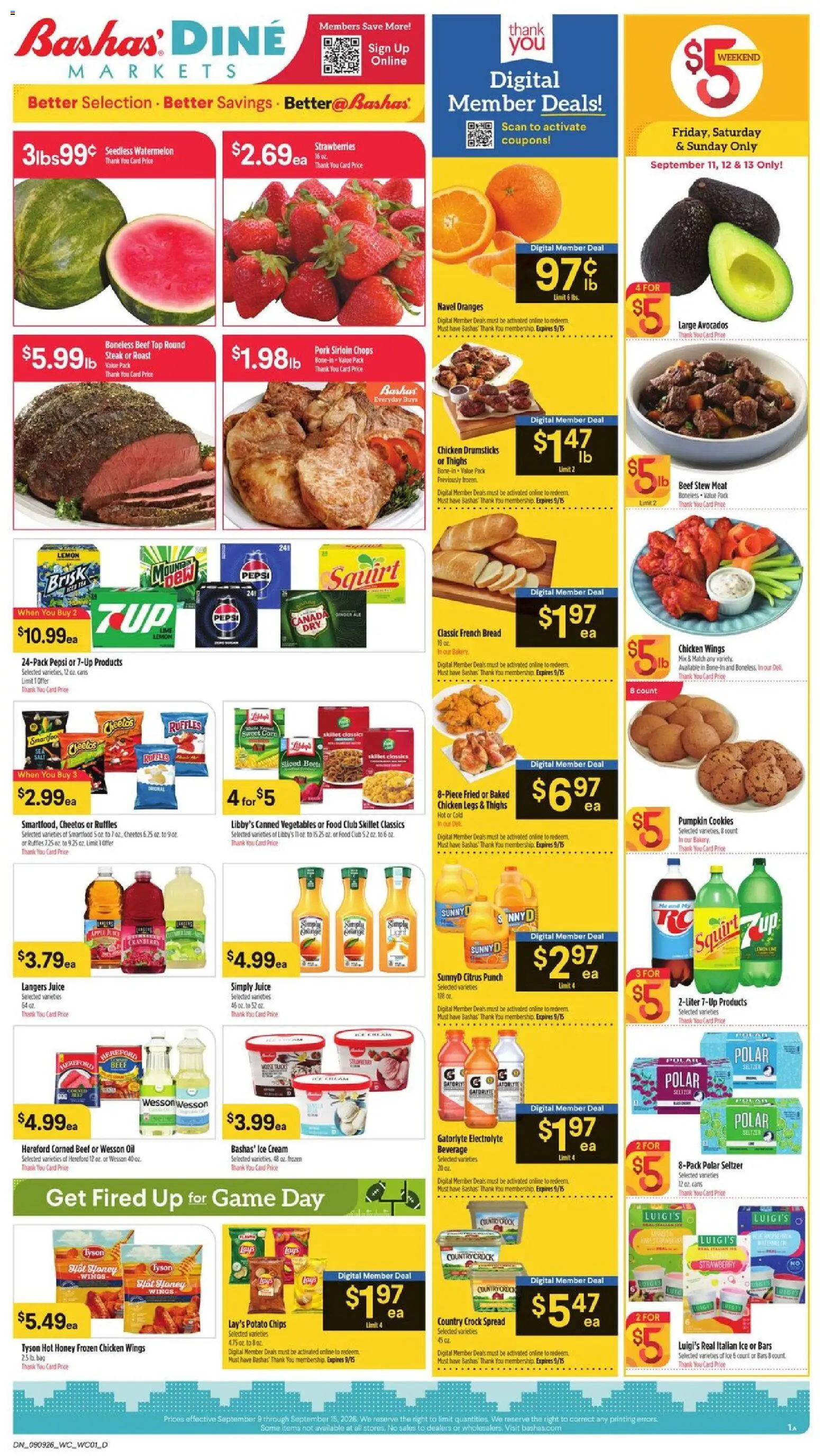 Ad Preview of Basha's Basha's Dine from 09/09/2026 - Bakery, Ice, Vegetables, Juice, Corn, Pepsi, Beef, Cream
