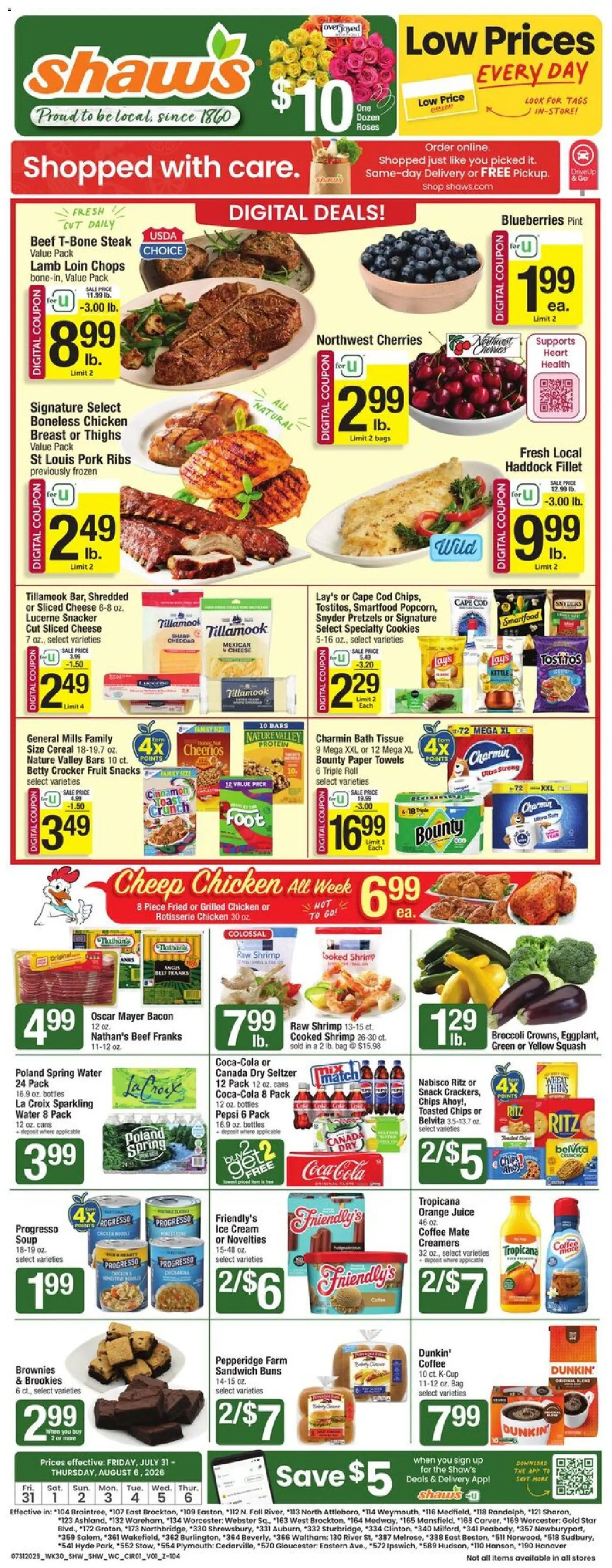 Ad Preview of Shaw's Shaw's Weekly Ad from 07/31/2026 - Steak, Blueberries, Brownies, Bag, Pork, Paper towels, Kettle, Sliced cheese